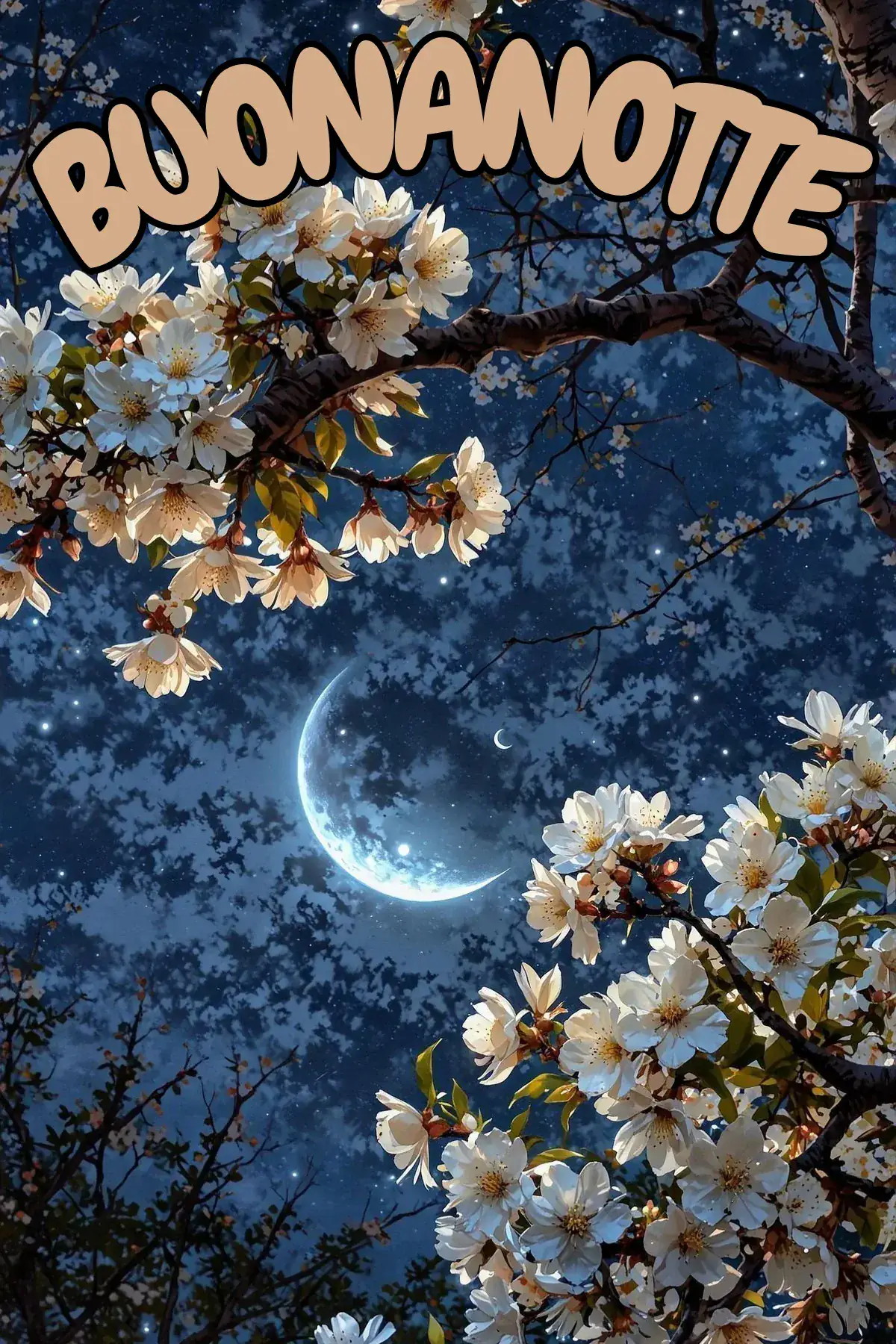 Fiori di ciliegio e luna crescente buonanotte che colpisce il cuore