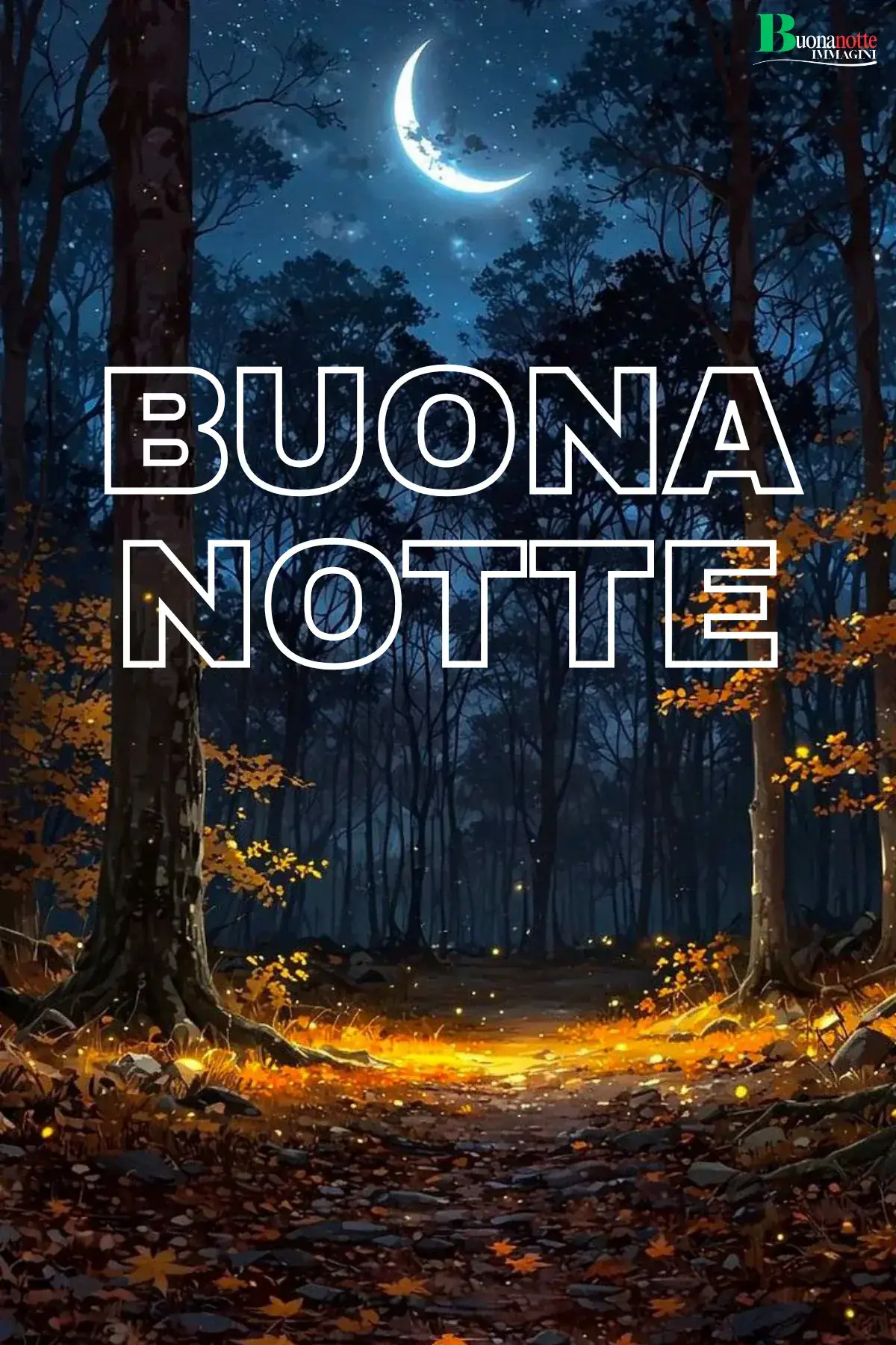 Bosco autunnale notturno con luna crescente foglie dorate e lucciole buonanotte autunnale
