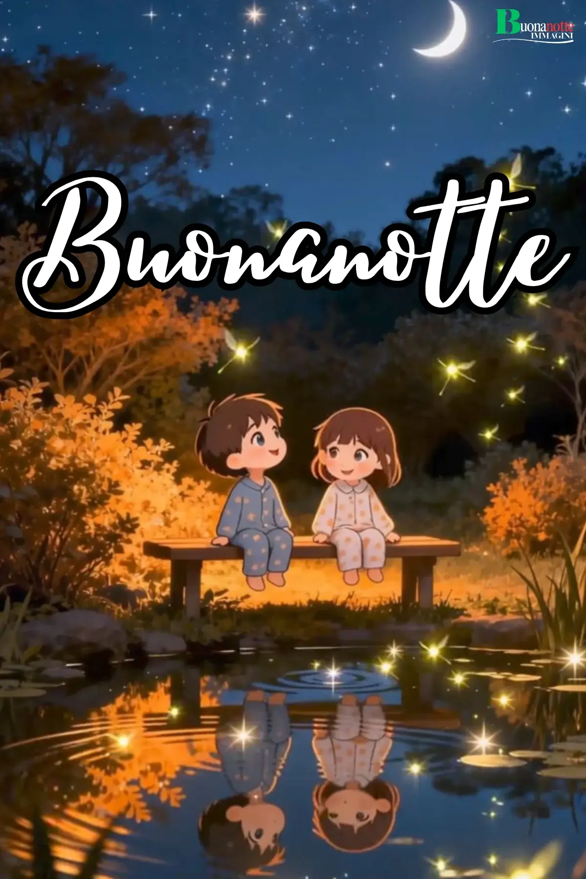 Due bambini in pigiama su panchina con lucciole e luna buonanotte divertente