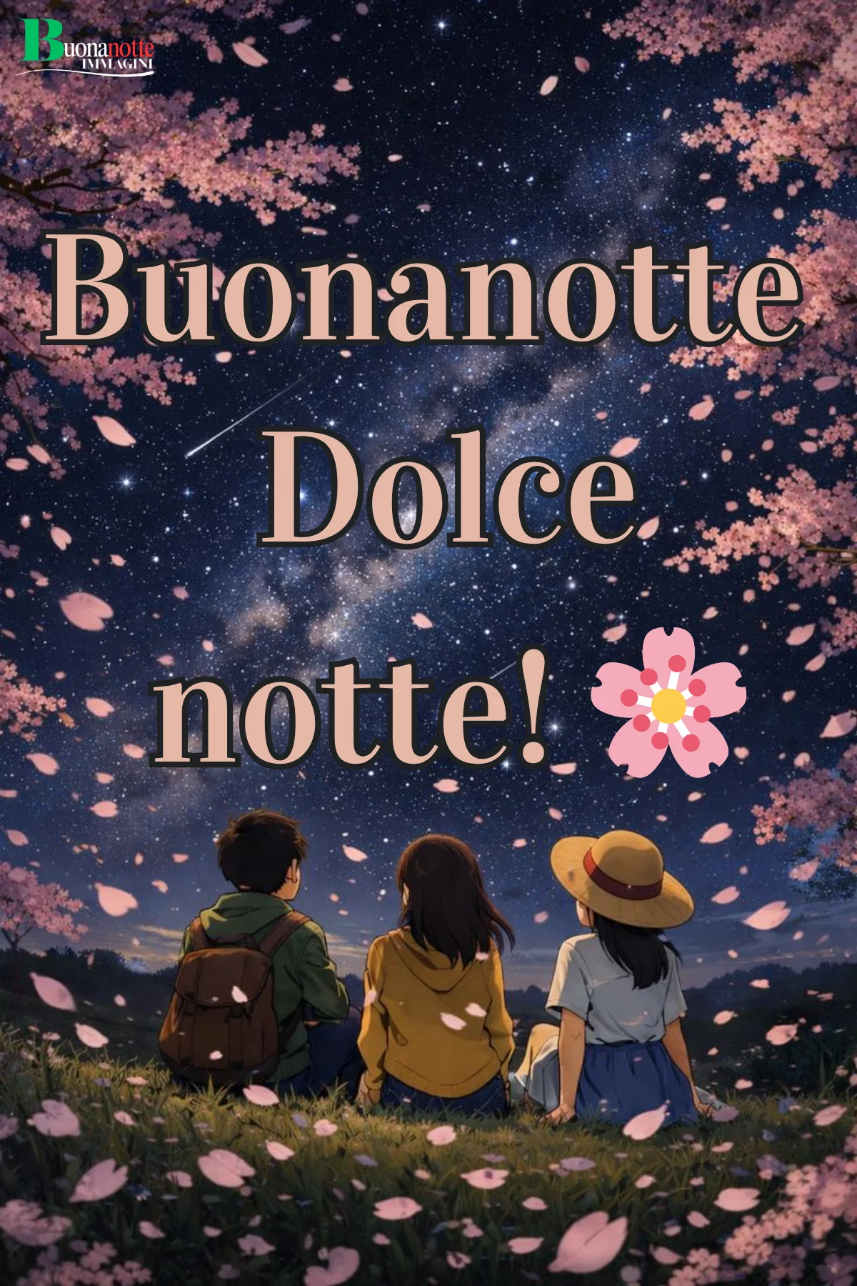 Ragazzi sotto un ciliegio in fiore e stelle cadenti