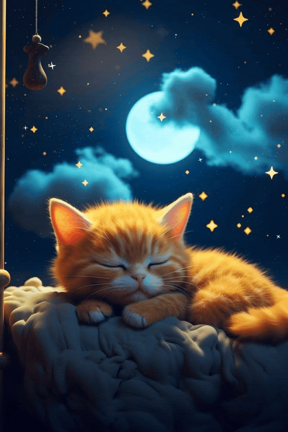 Gattino arancione che dorme sotto la luna stellata buonanotte gif