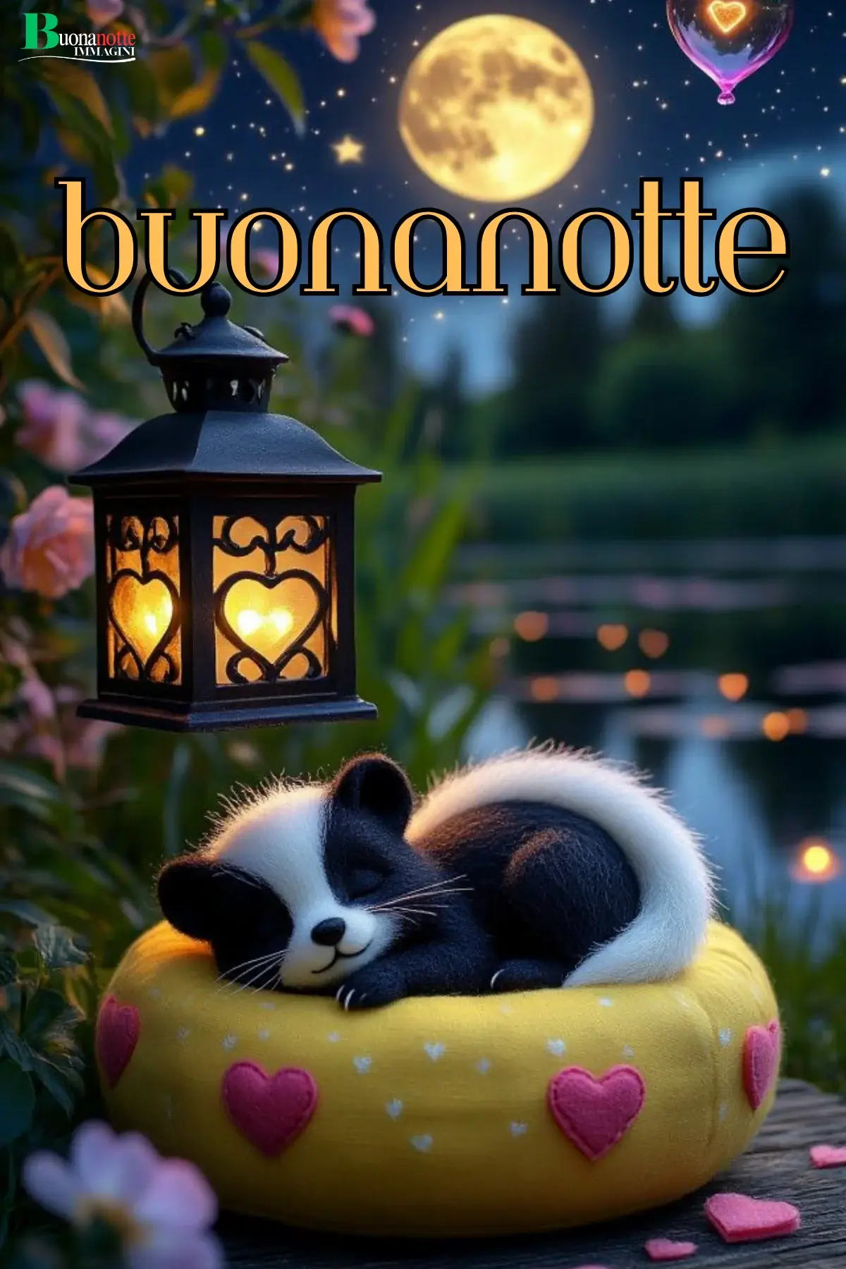 Gattino addormentato con lanterna buonanotte e sogni d'oro