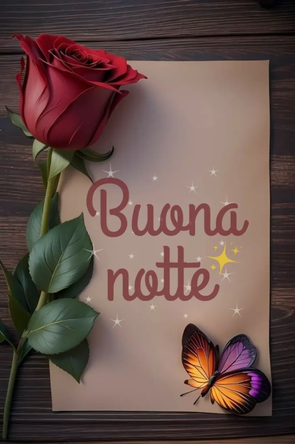 Rosa rossa su foglio di carta con farfalla colorata immagine buonanotte romantica
