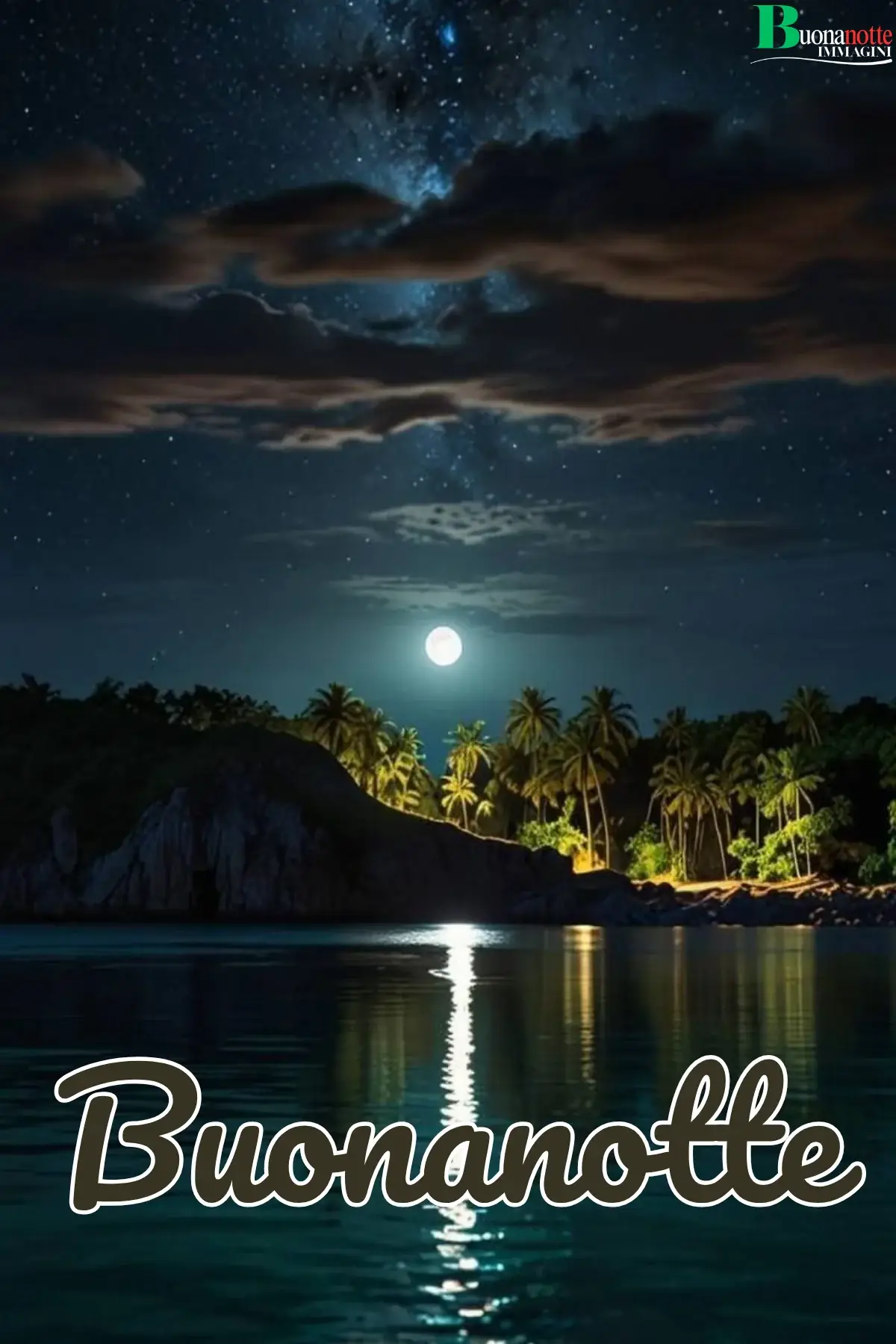 Luna piena sul mare tropicale con palme buonanotte estiva