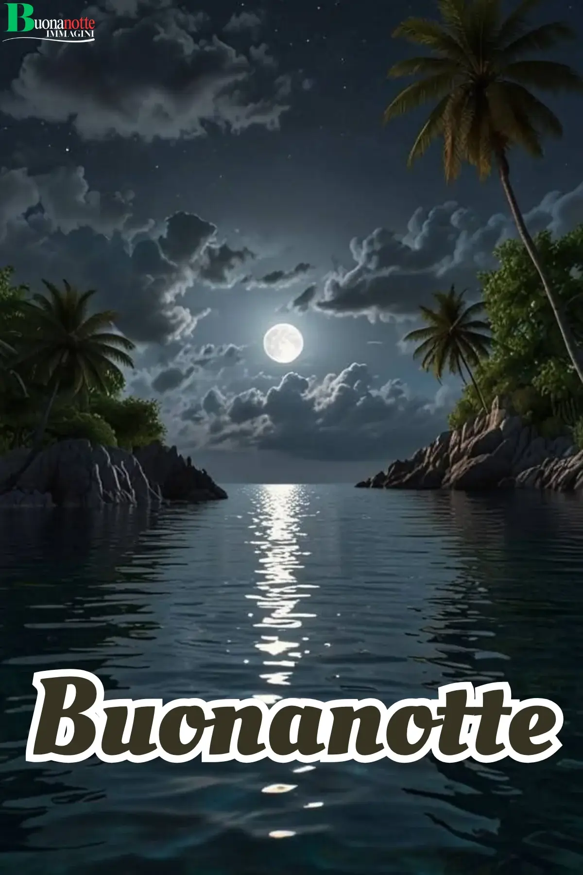 Luna piena riflessa sul mare tropicale con palme buonanotte natalizia