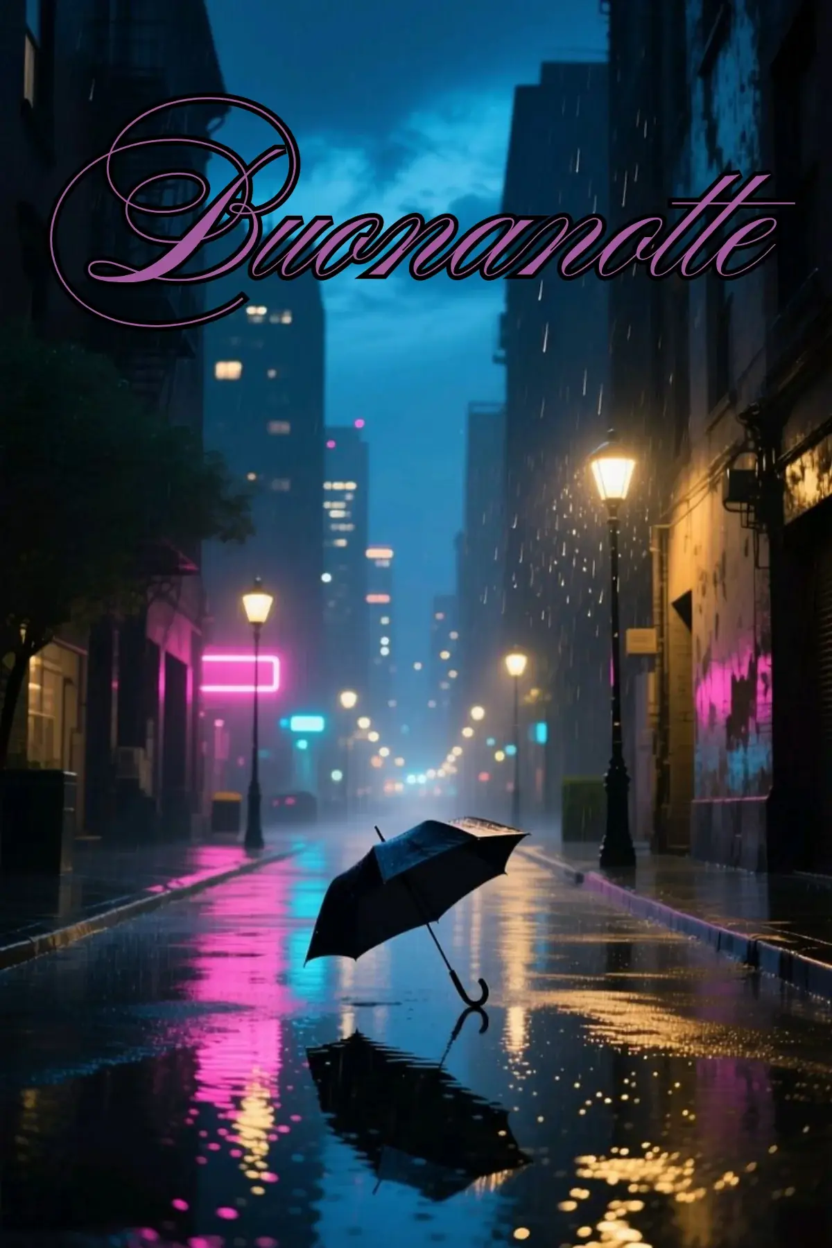 Ombrello abbandonato su strada piovosa notturna con luci colorate buonanotte speciale