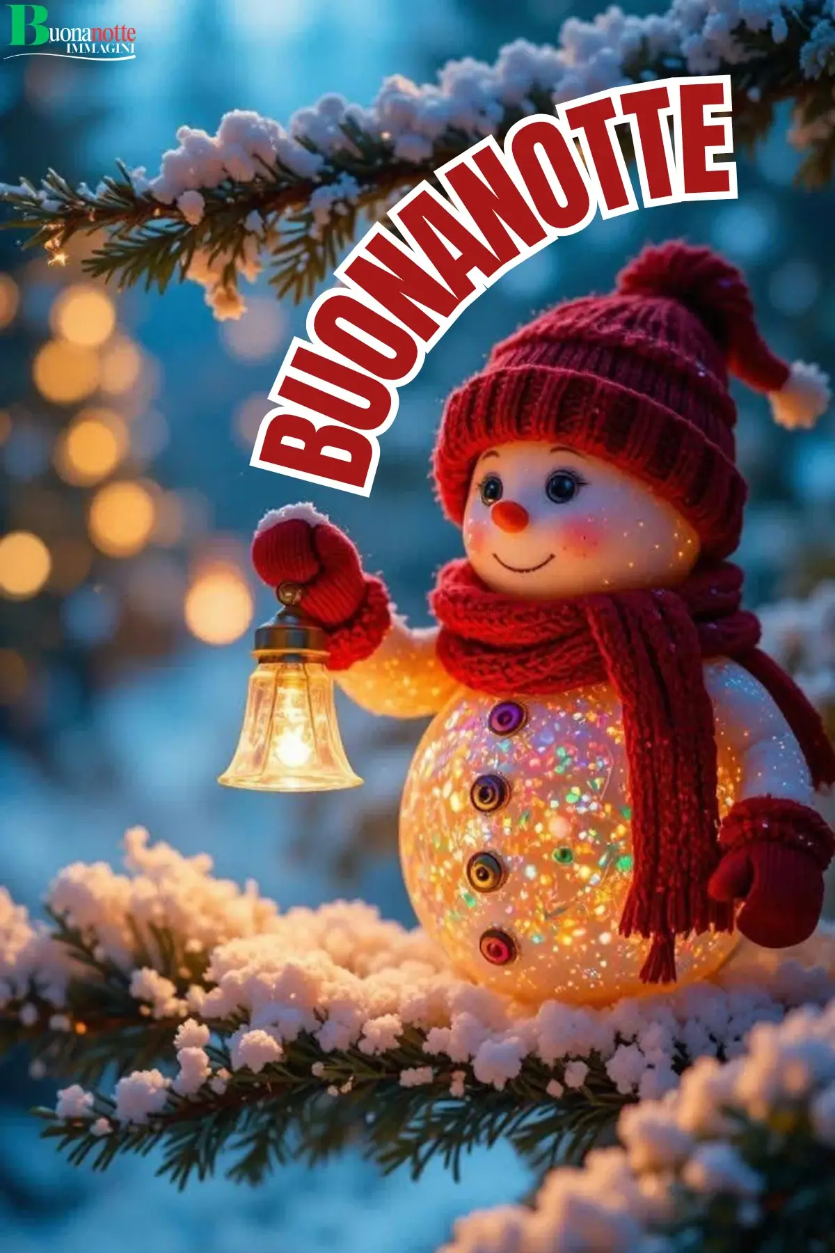 Pupazzo di neve luminoso con lanterna e sciarpa rossa buonanotte natalizia