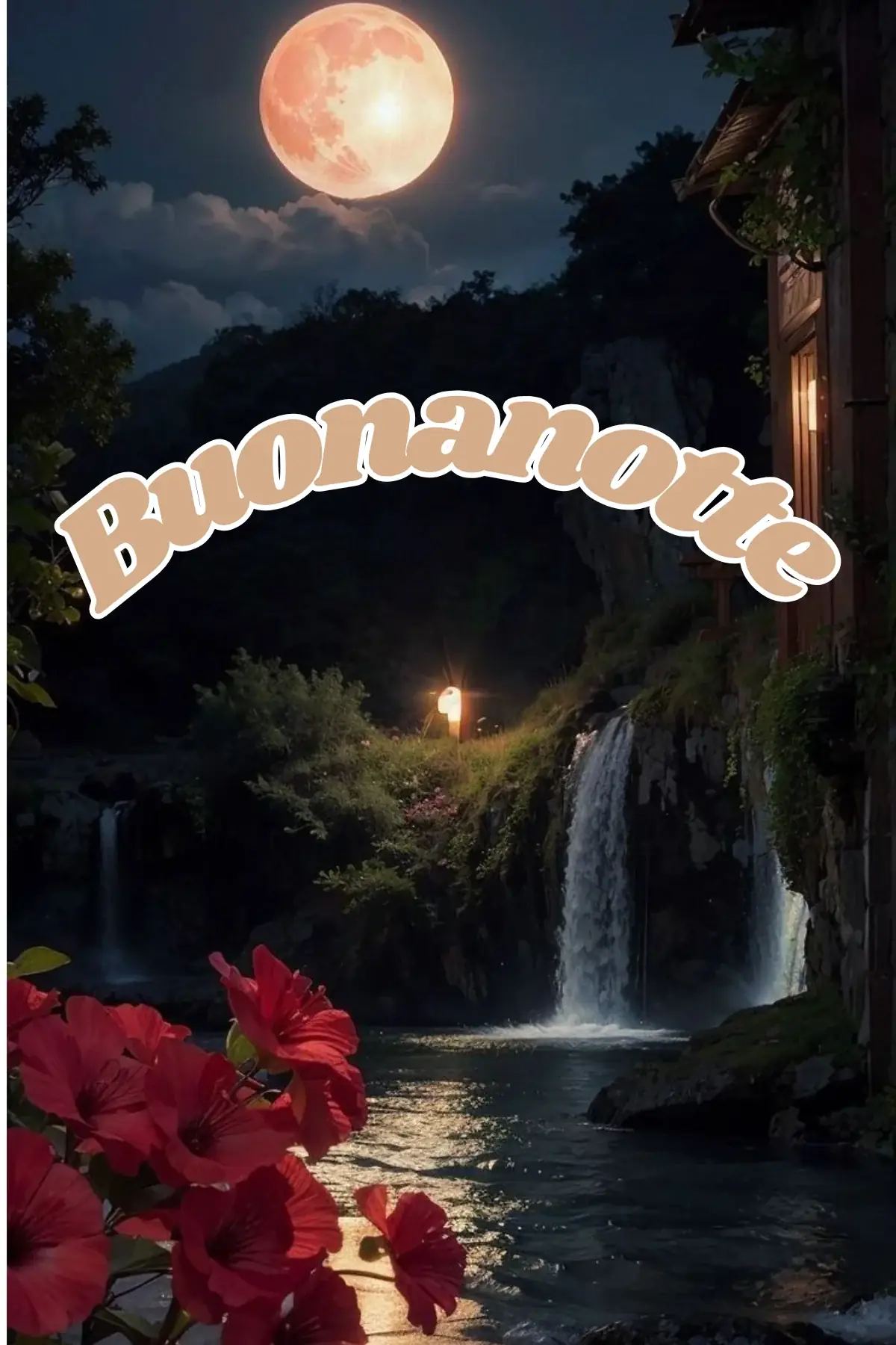 Cascate notturne con luna rosata buonanotte estiva
