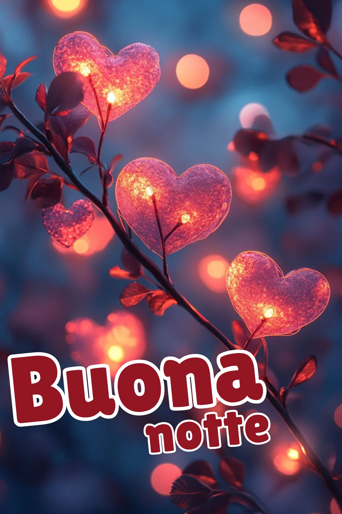 Cuori rosa luminosi su ramo notturno sfondo blu buonanotte nuove