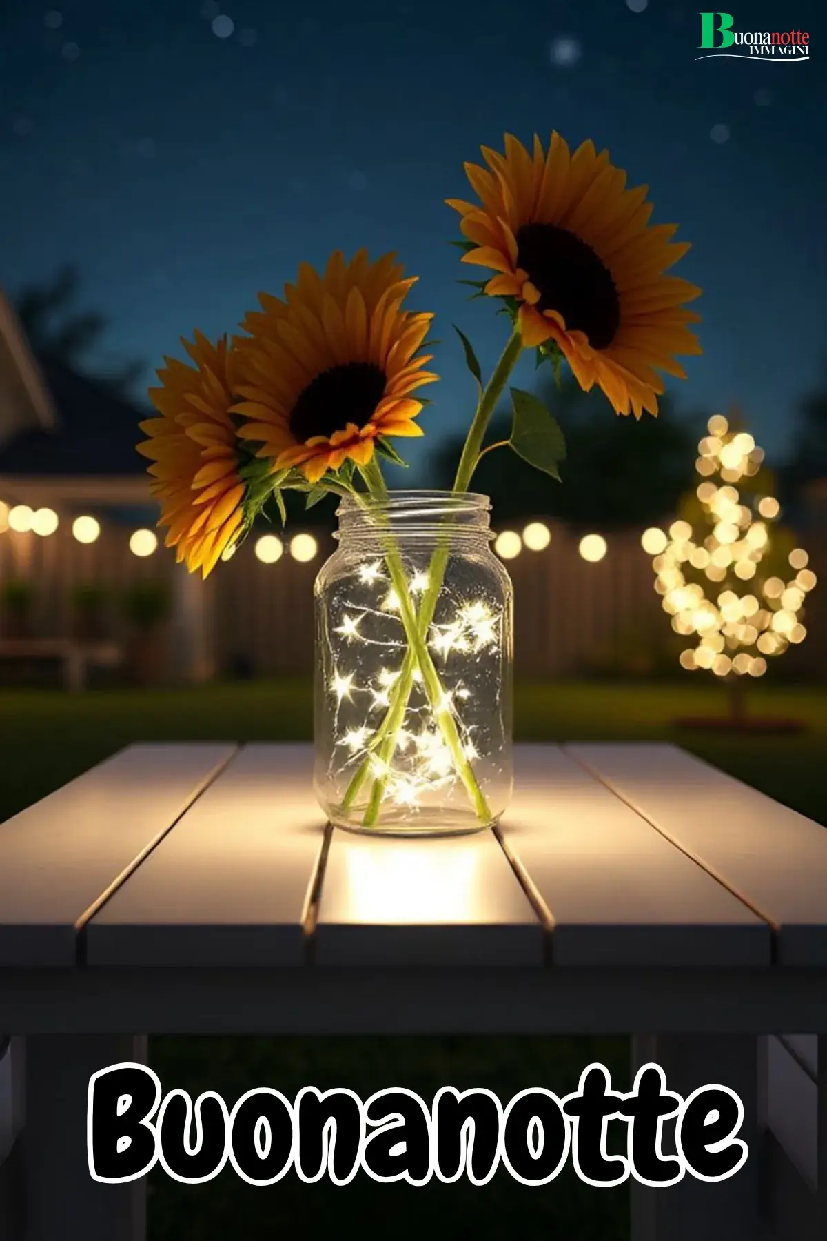 Girasoli in barattolo con lucine in giardino notturno immagine buonanotte
