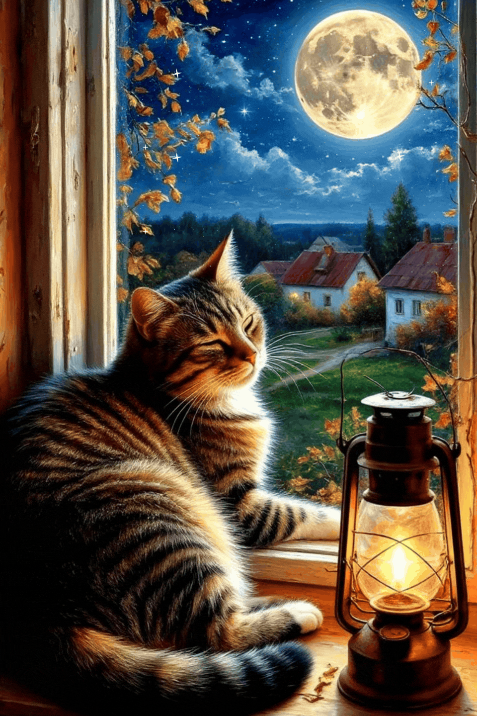 Gattino tigrato addormentato sul davanzale con lanterna e luna piena buonanotte gif