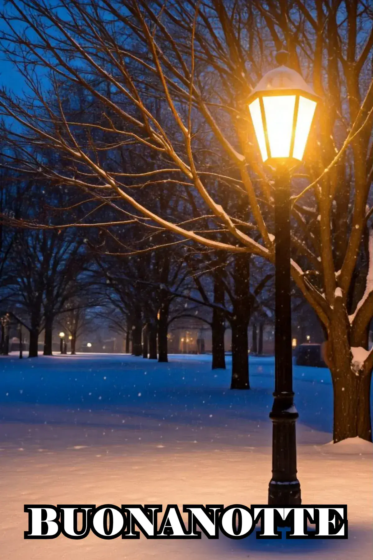 Lampione acceso su viale innevato di sera buonanotte invernale
