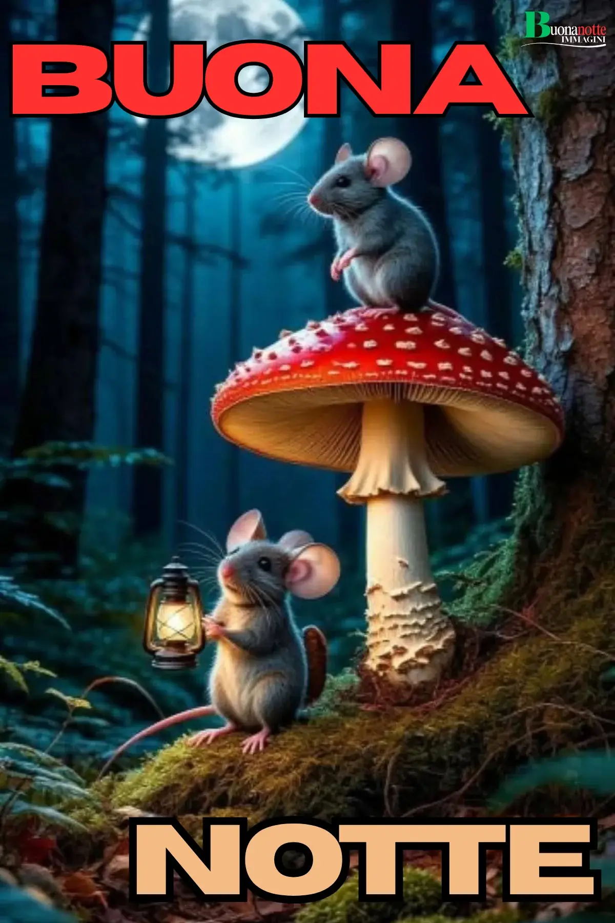 Due topolini nel bosco al chiaro di luna con fungo rosso buonanotte