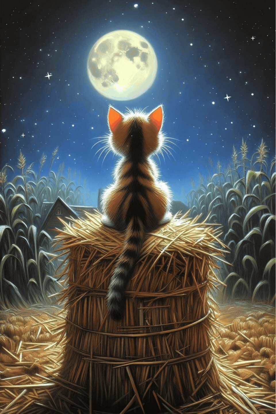 Gattino tigrato su balla di fieno guarda luna piena buonanotte gif