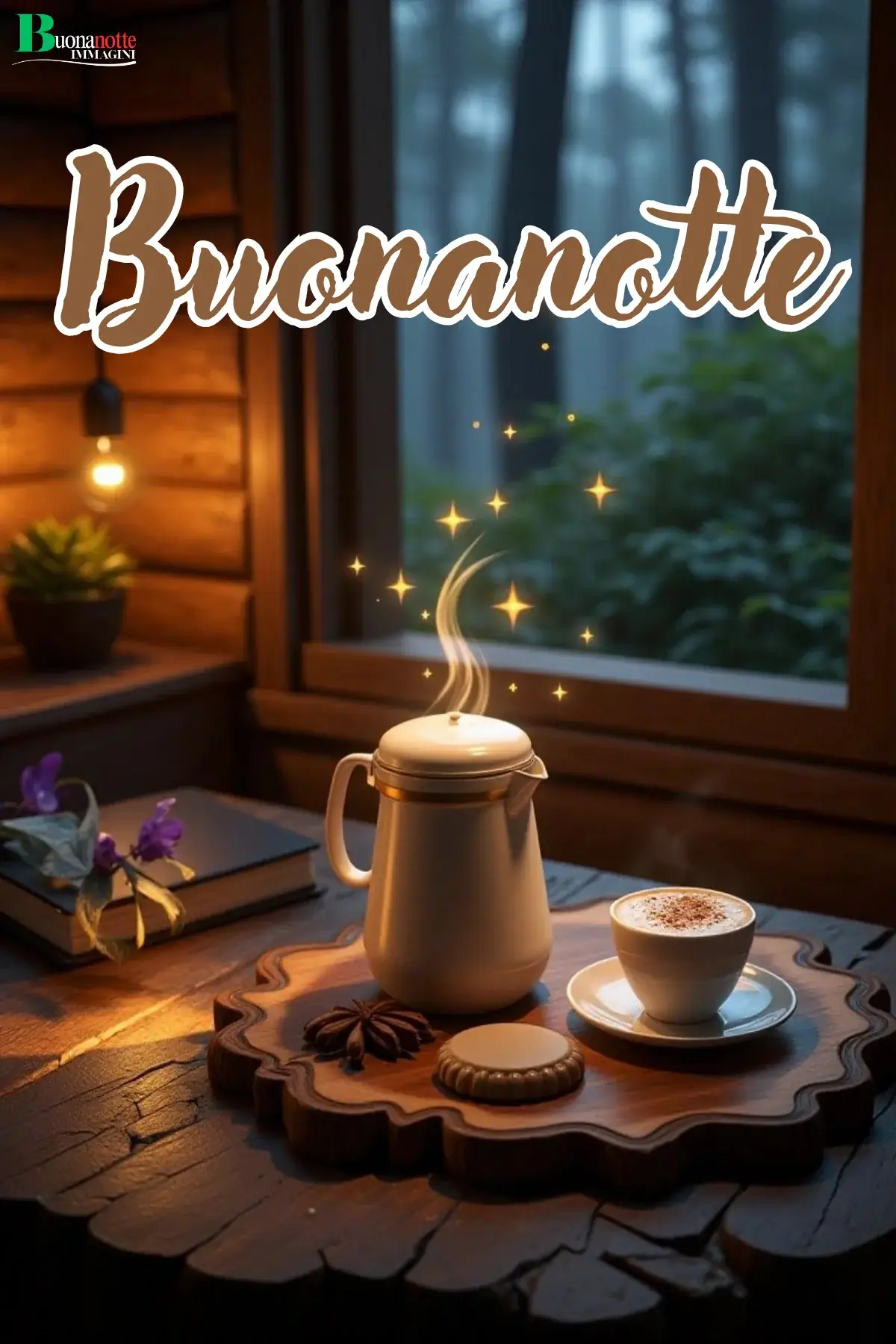 Caffettiera fumante e tazza su tagliere in baita con bosco serale buonanotte