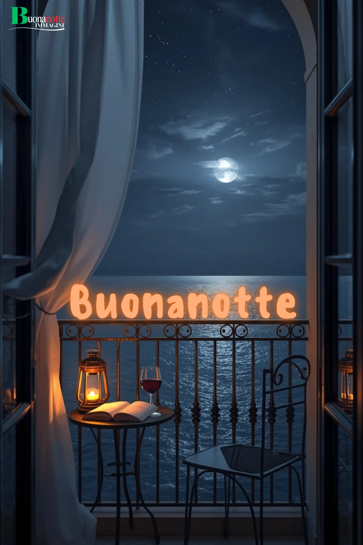Buonanotte immagini nuove balcone sul mare luna lanterna calice vino libro
