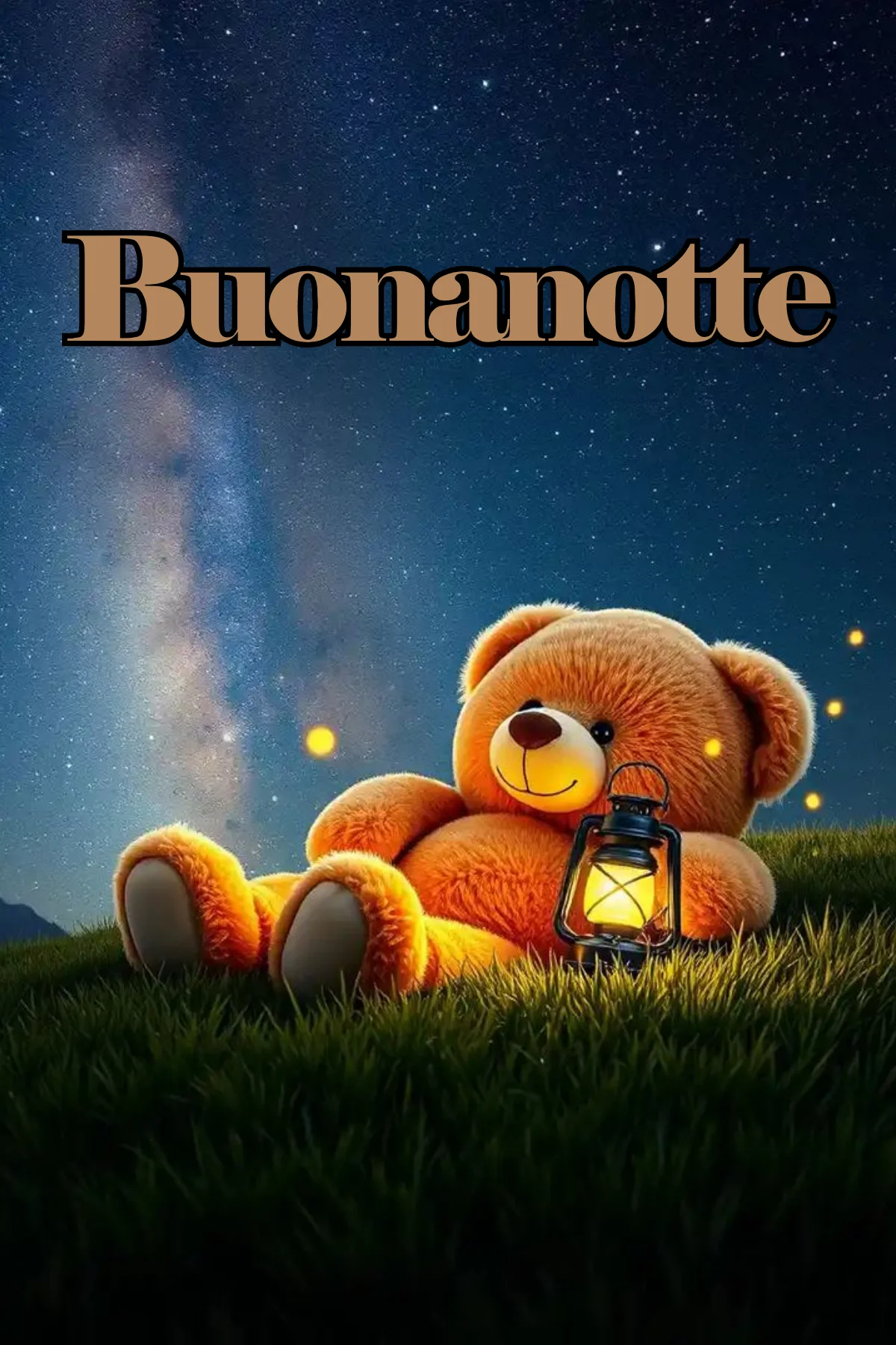 Orsacchiotto peluche con lanterna su prato sotto cielo stellato immagini buonanotte nuove