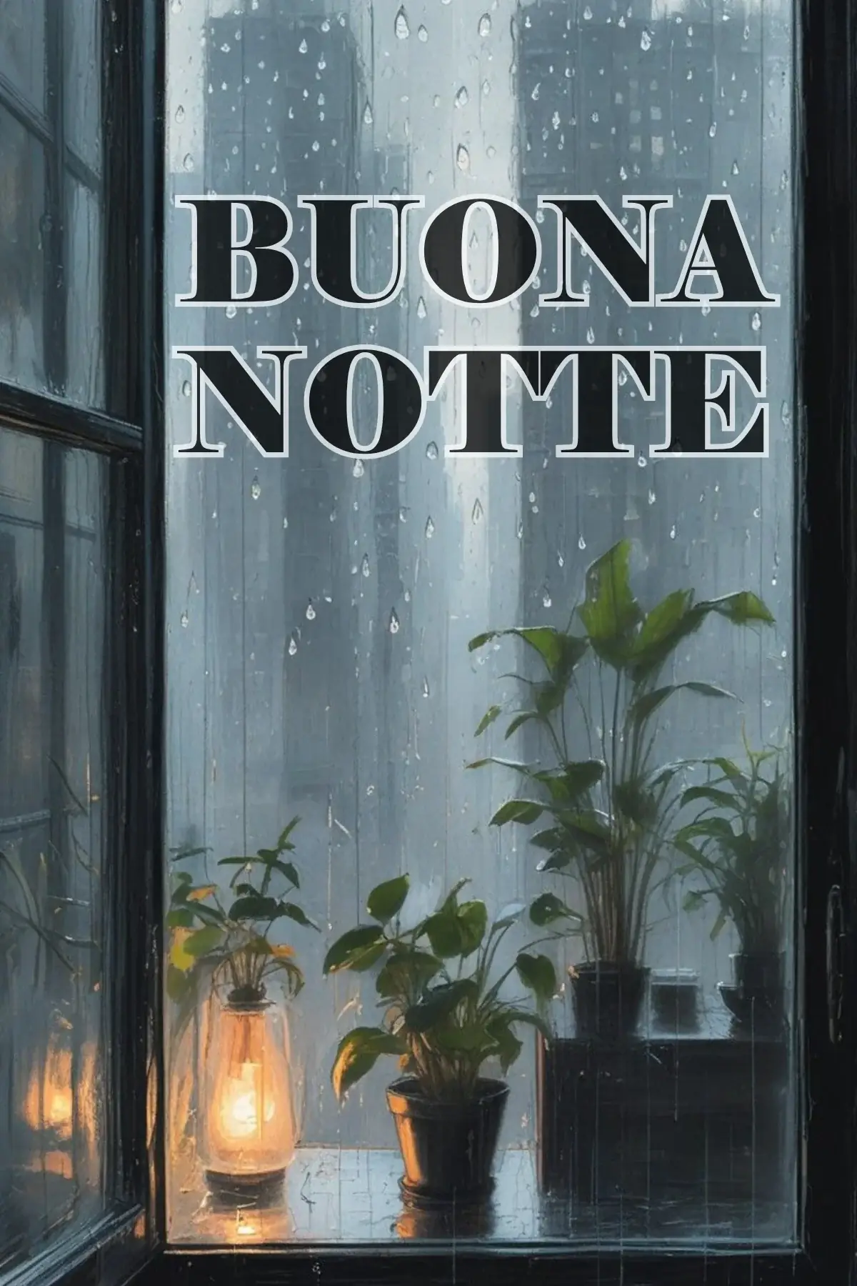 Finestra con gocce di pioggia lanterna accesa e piante immagine buonanotte bellissima