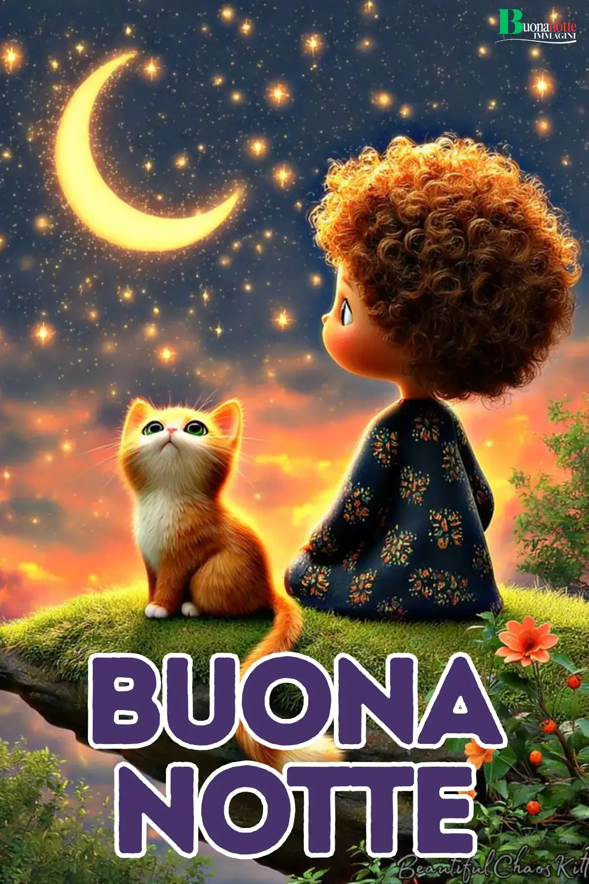 Bimbo riccio e gattino guardano luna stellata buonanotte divertente