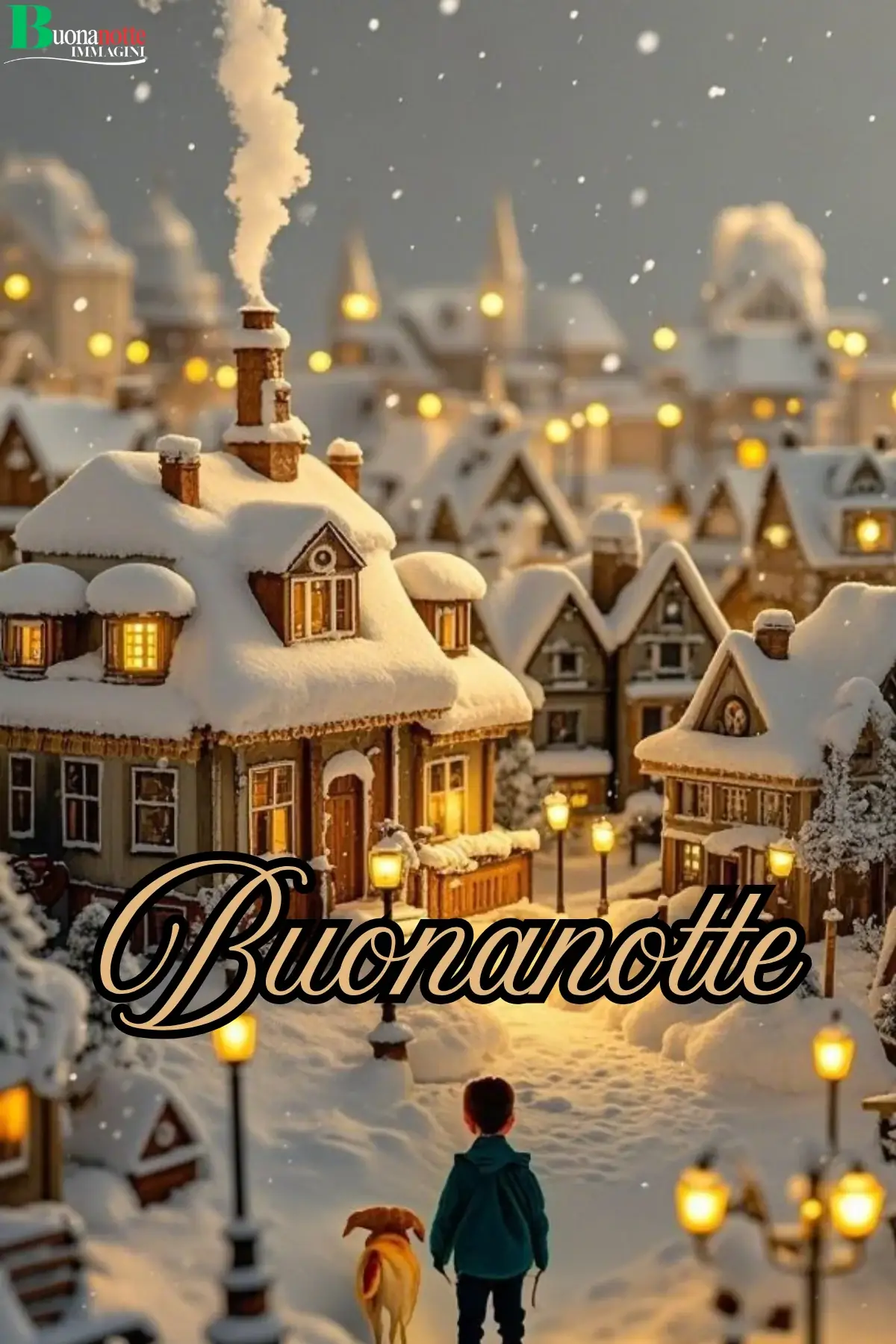 Villaggio innevato con casette illuminate bambino e cane buonanotte natalizia