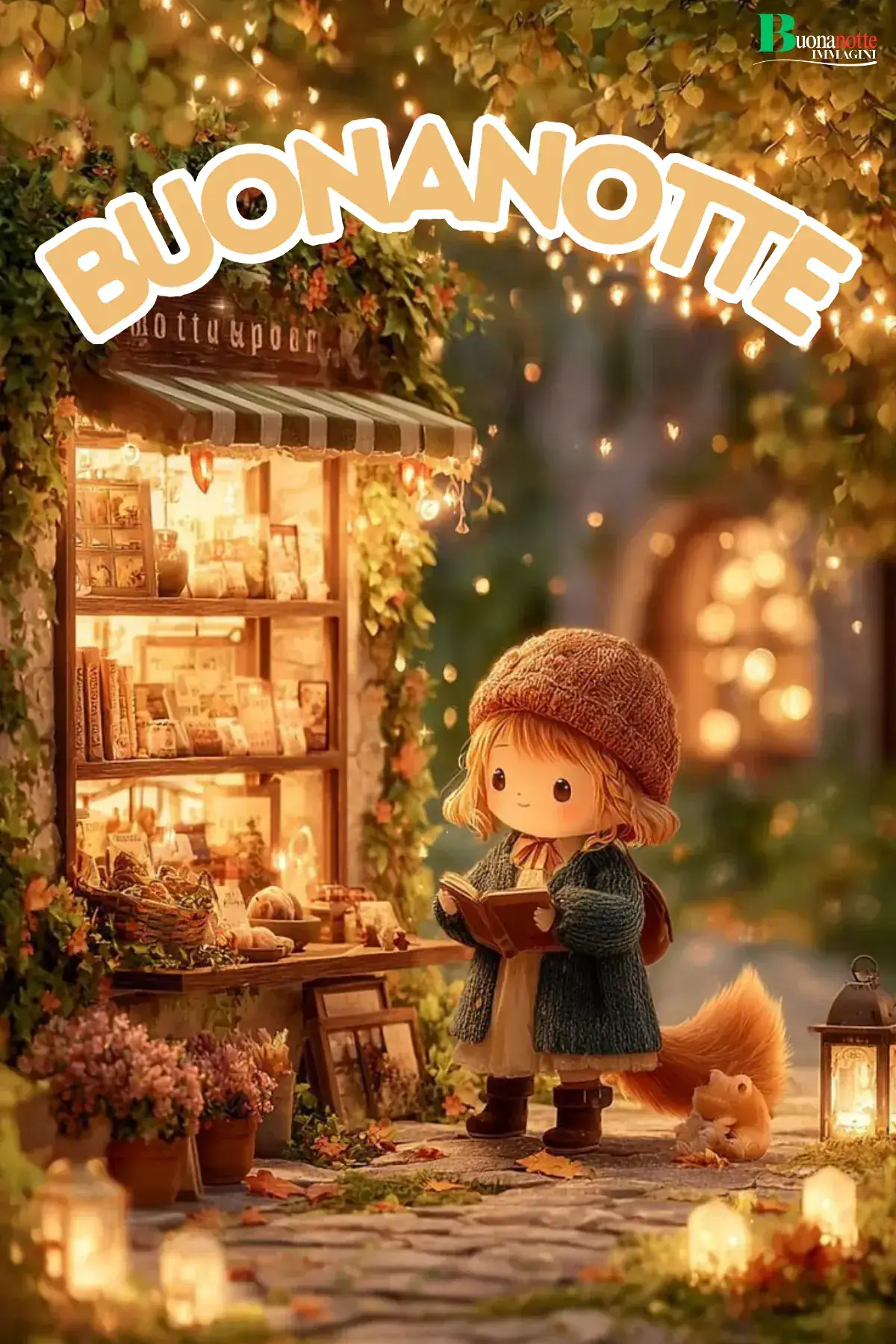 Bambina con berretto legge libro davanti libreria autunnale con scoiattolo buonanotte divertente