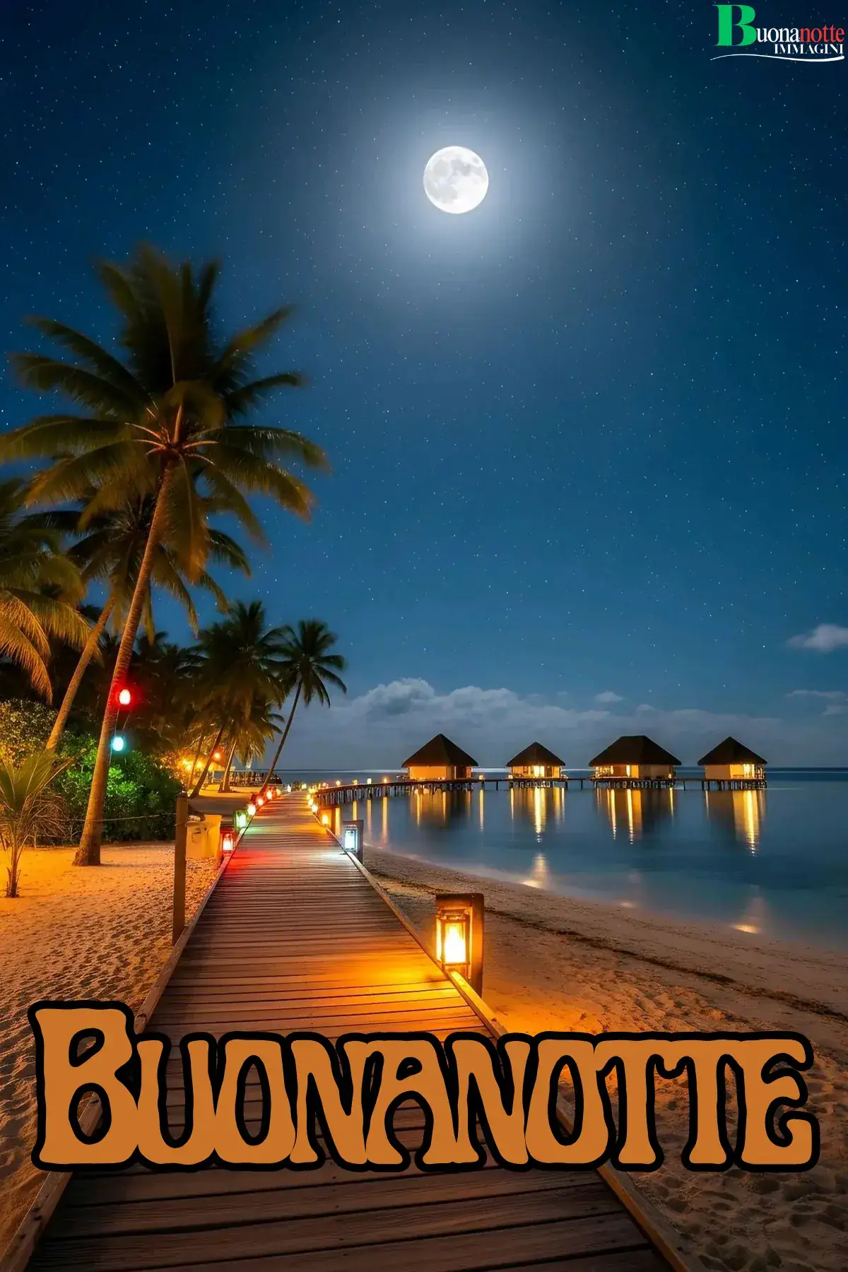 Spiaggia tropicale con luna piena palme e bungalow buonanotte estiva