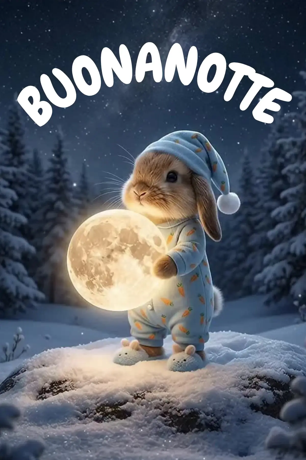 Coniglietto in pigiama azzurro abbraccia luna sulla neve buonanotte invernale