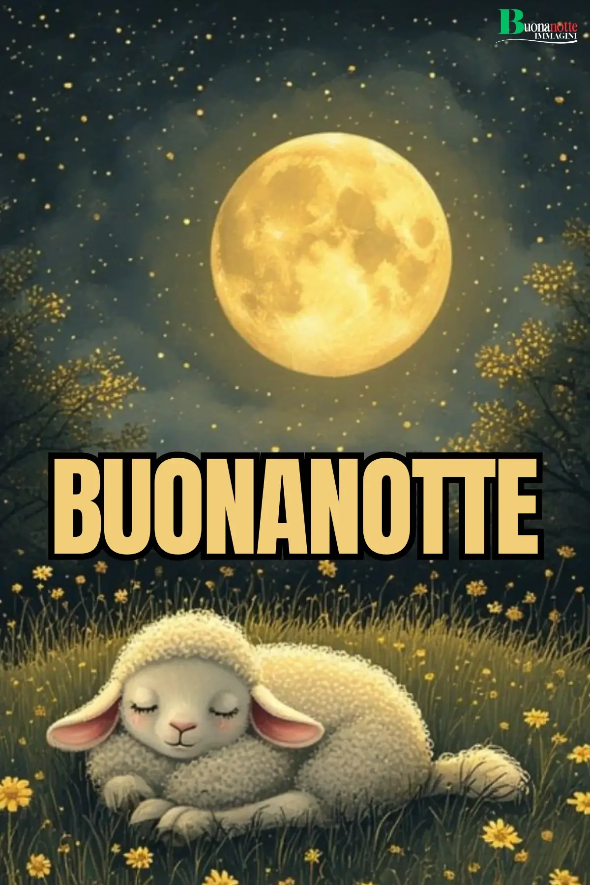 Agnellino che dorme su prato fiorito sotto luna piena buonanotte divertente