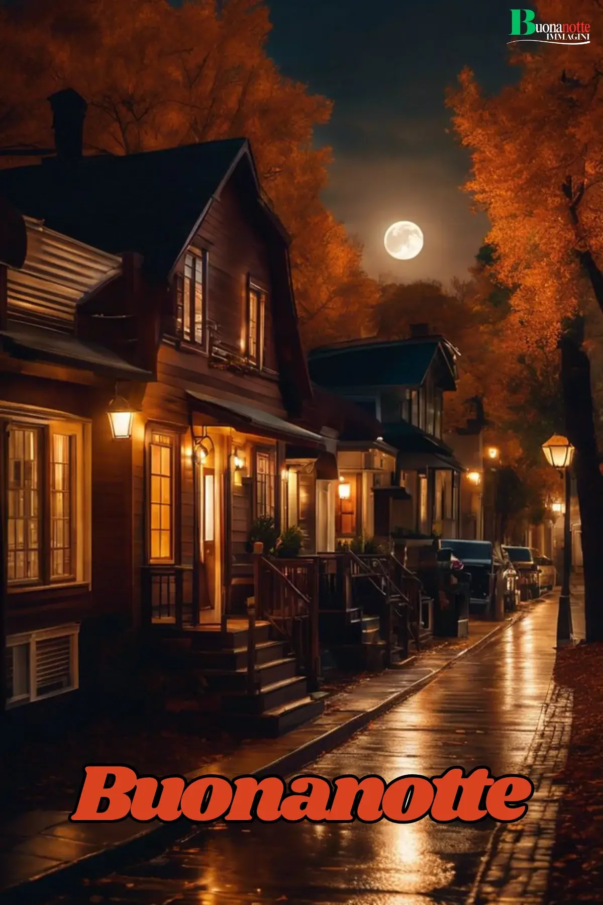 Strada notturna autunnale con casette illuminate luna piena e foglie arancioni buonanotte autunnale