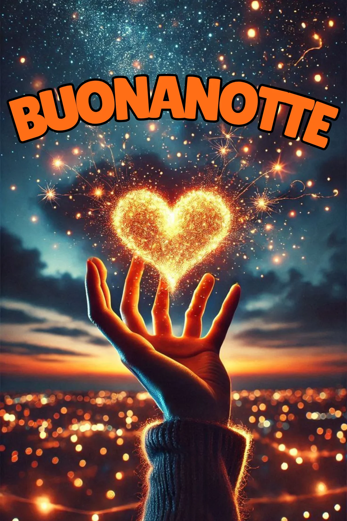 Mano che solleva cuore luminoso verso cielo stellato buonanotte speciale