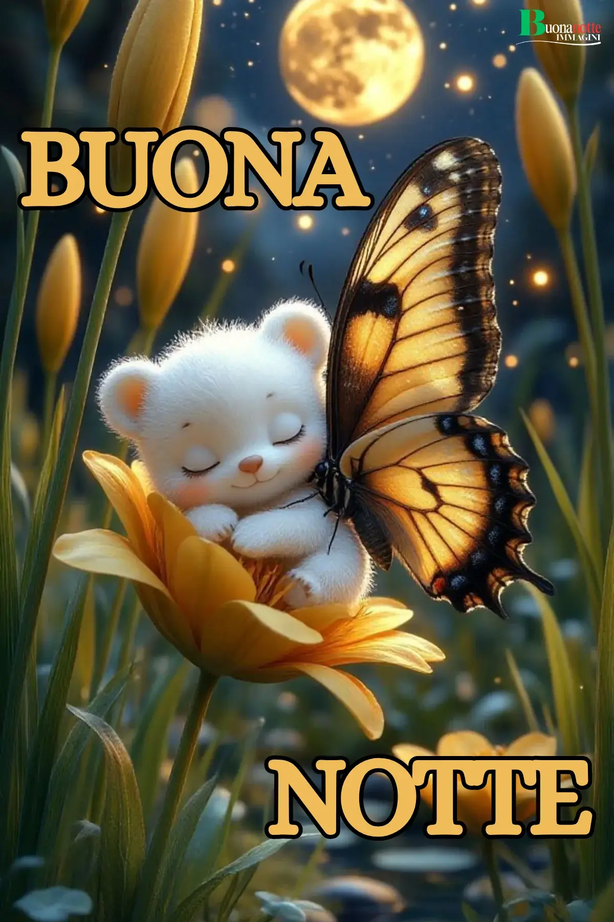 Orsetto bianco con ali di farfalla dorme su fiore giallo immagine buonanotte