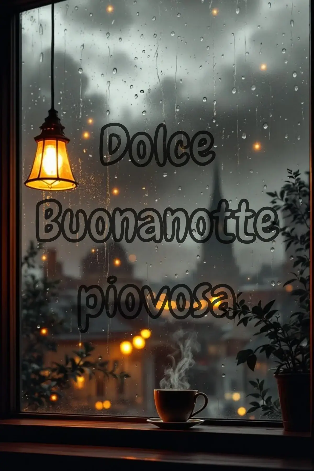 Finestra con gocce di pioggia lanterna calda e tazza fumante immagine buonanotte romantica