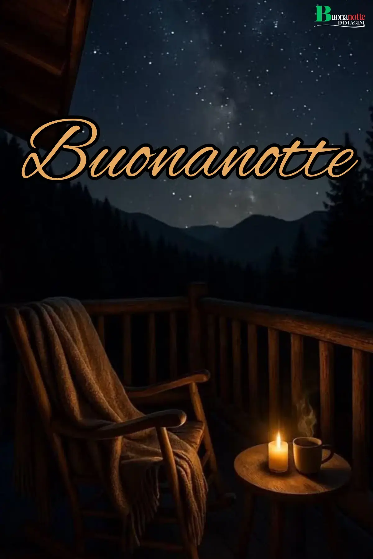 Terrazza di baita con sedia candela e cielo stellato immagine buonanotte