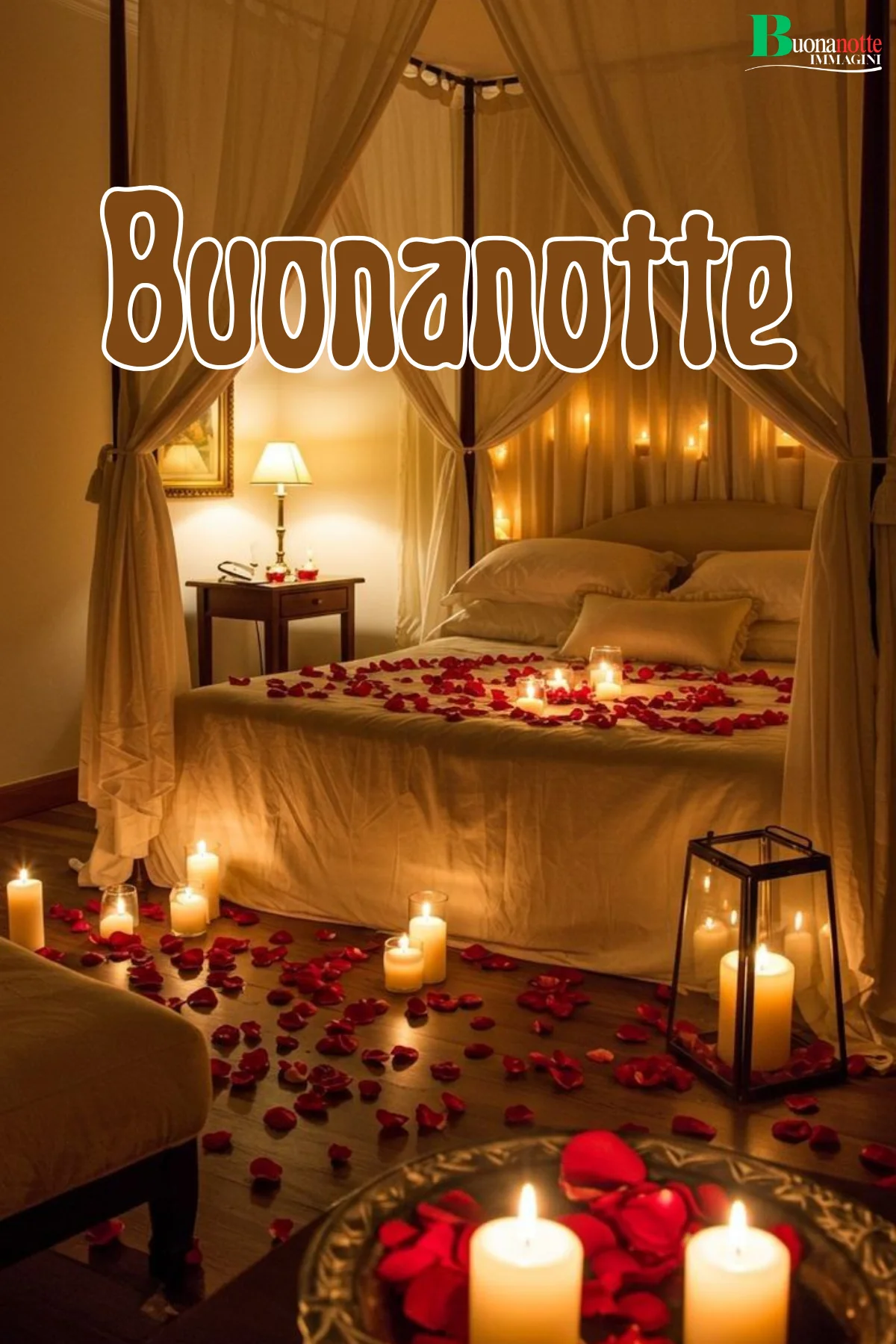 Buonanotte a domani foto bellissime letto candele petali rosa