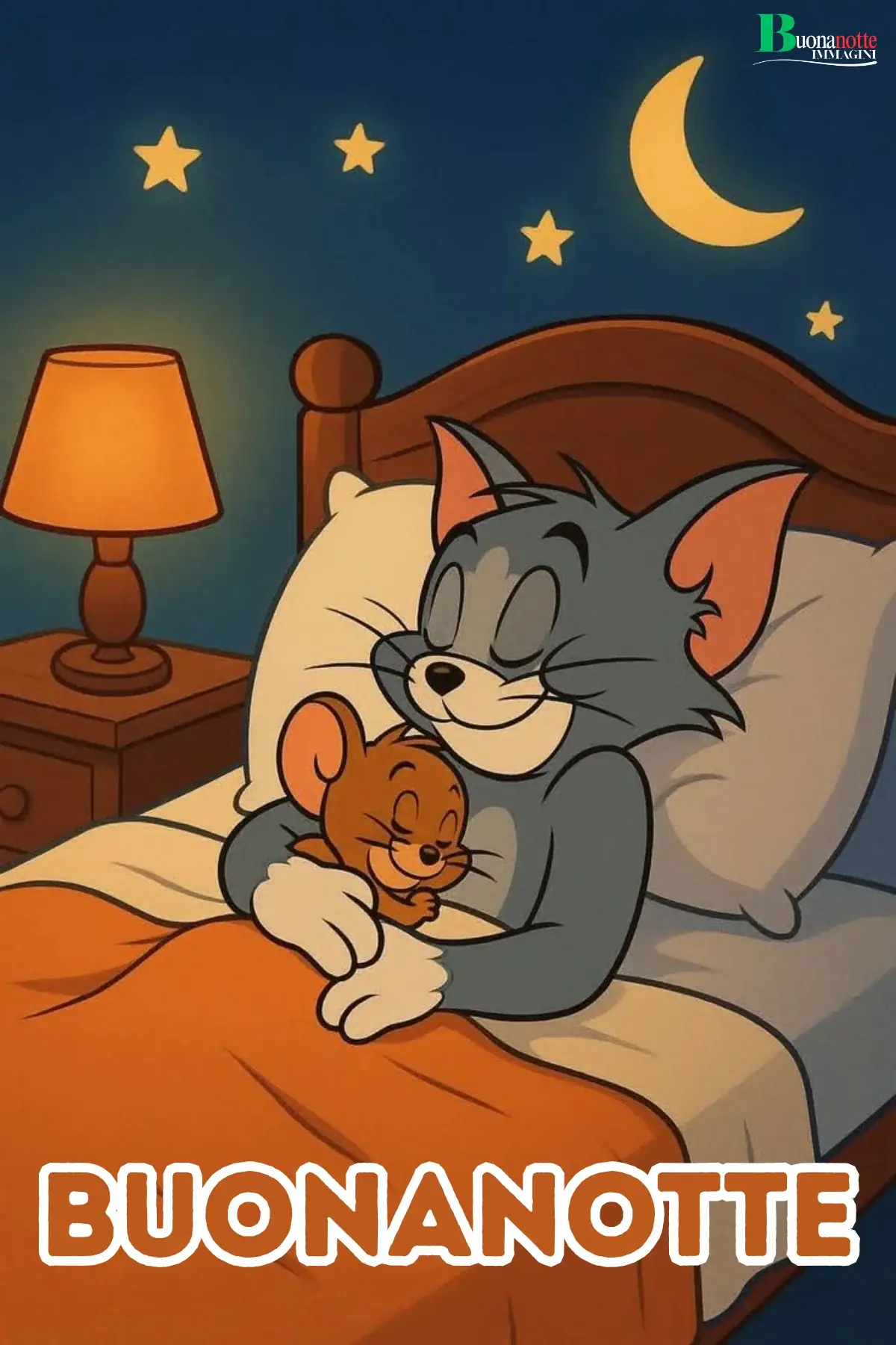 Tom e Jerry dormono abbracciati nel letto buonanotte divertente