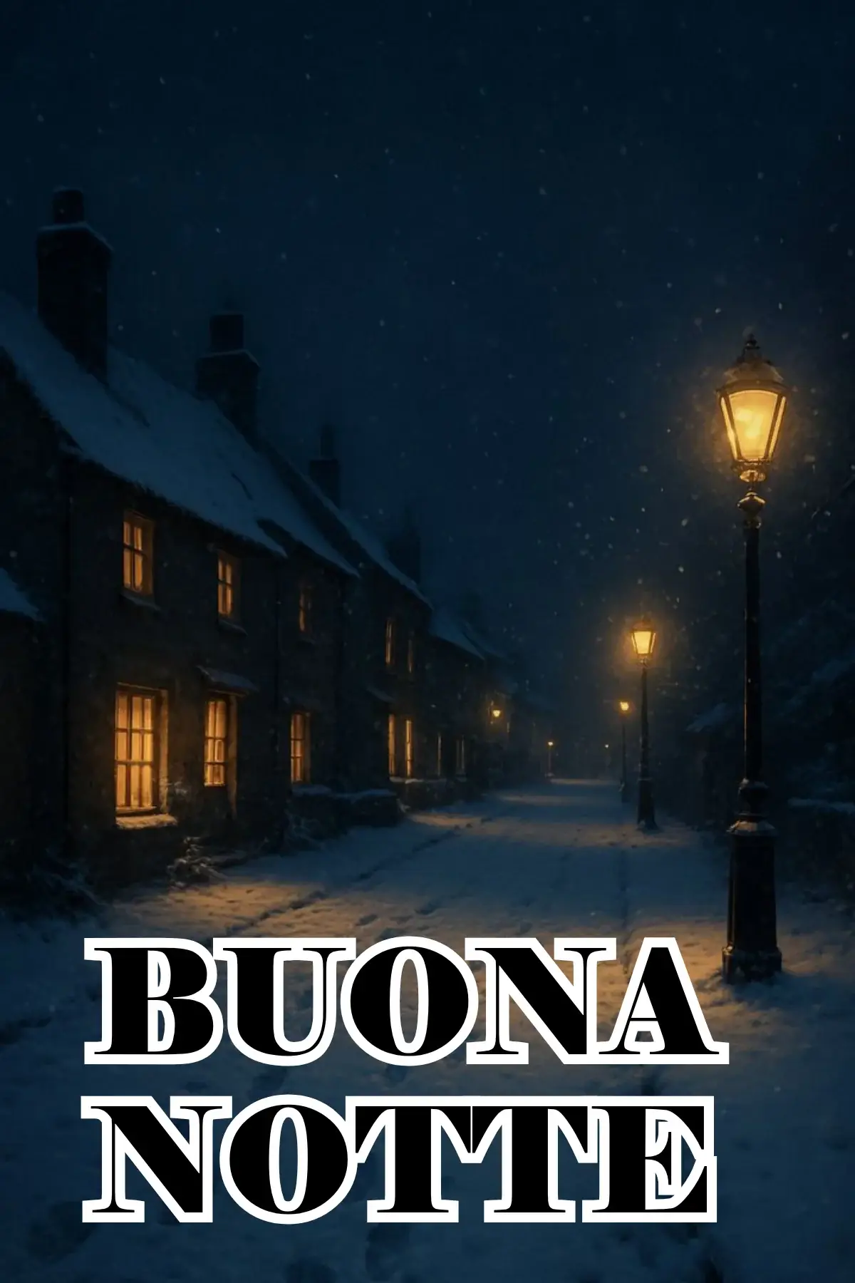 Vicolo innevato con lampioni dorati e case illuminate buonanotte invernale