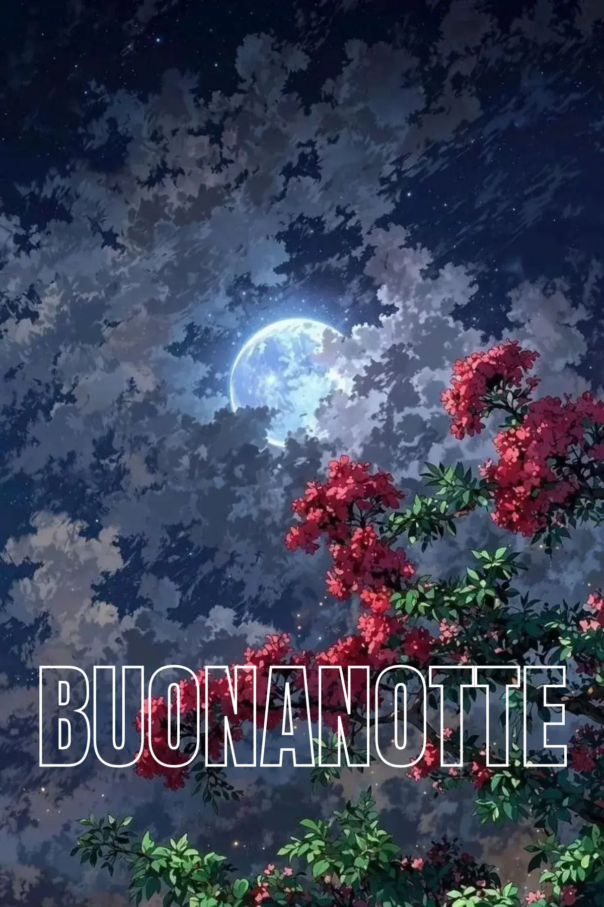 Luna piena tra nuvole e fiori rossi buonanotte estiva