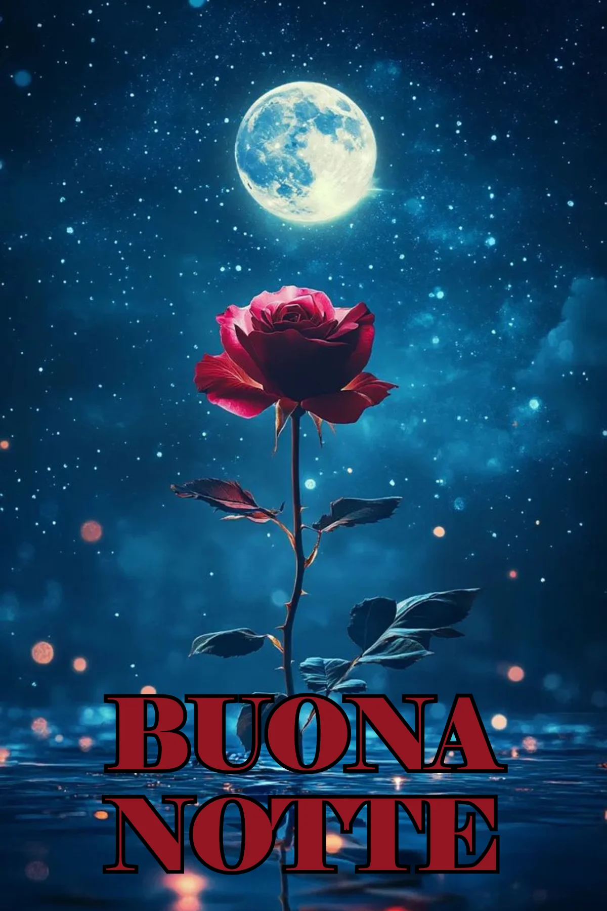 Rosa rossa sotto luna piena cielo stellato buonanotte originale