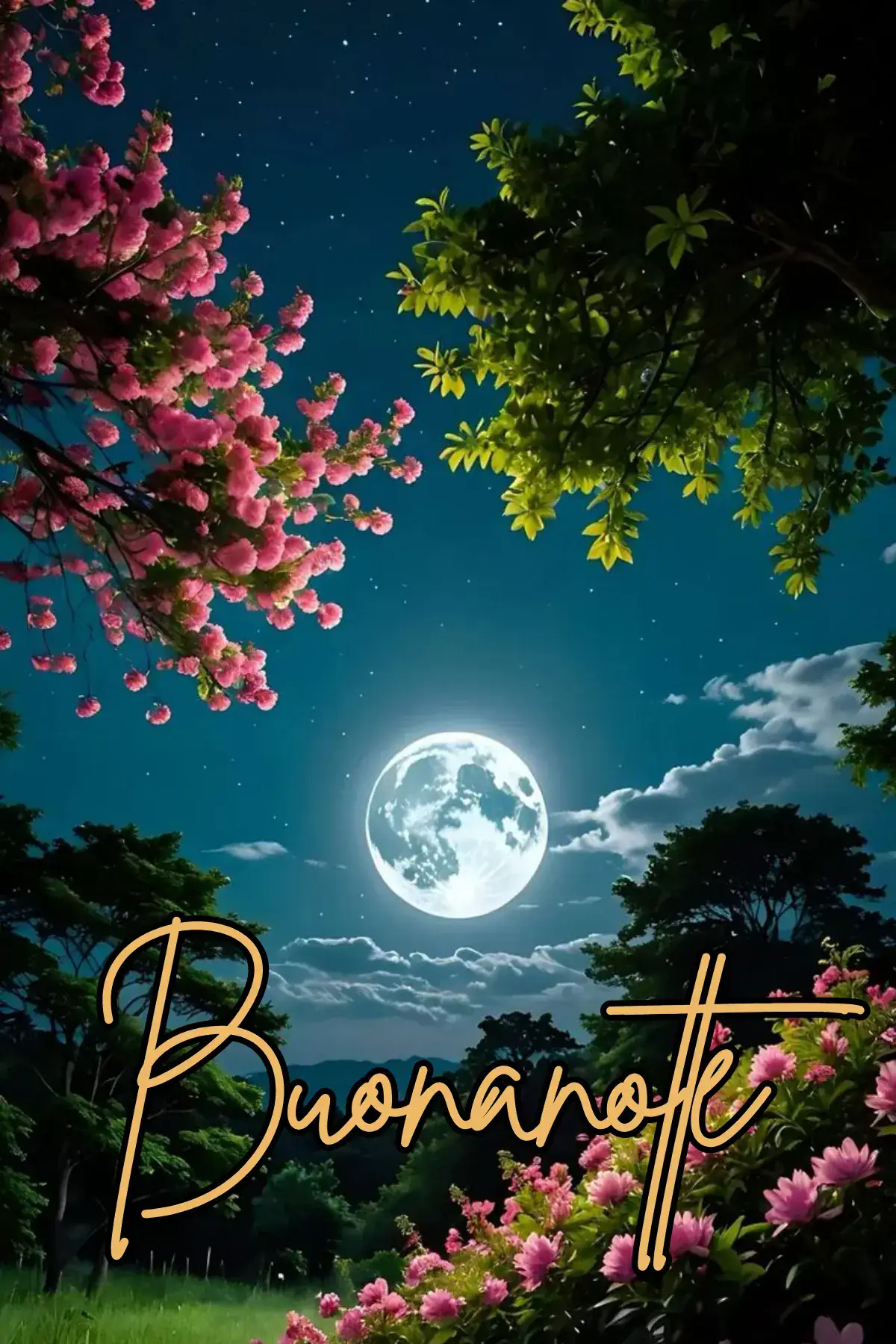 Luna piena tra fiori rosa e alberi verdi sotto cielo stellato immagine buonanotte