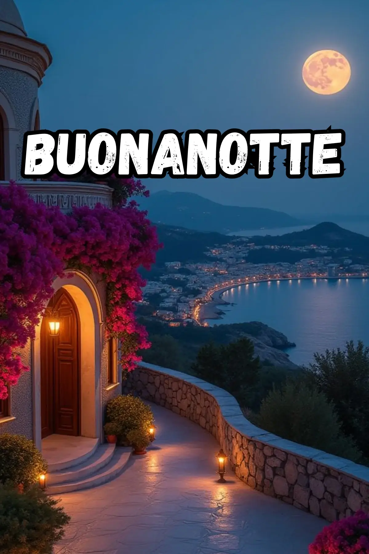 Terrazza con bouganville sul mare sotto luna piena immagine buonanotte romantica