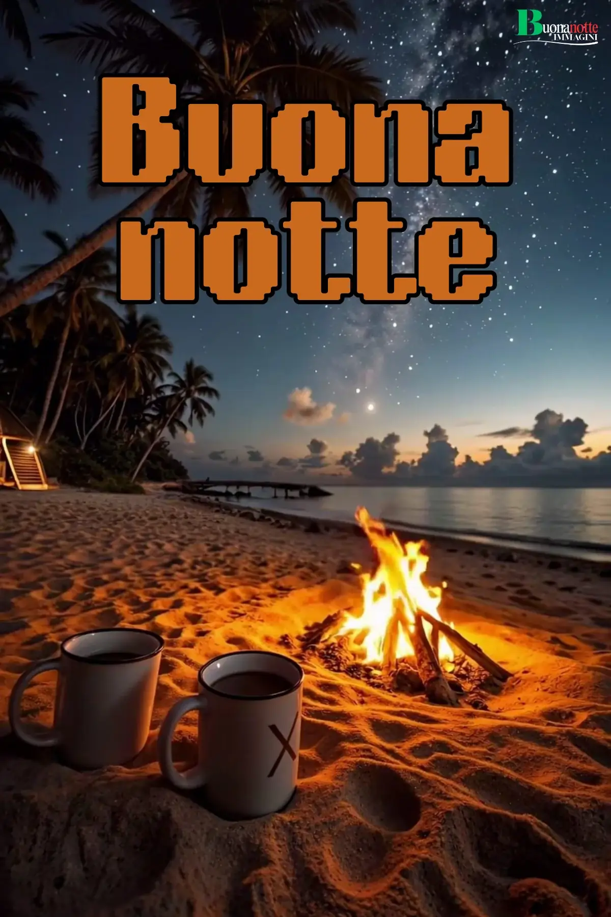 Tazze calde al fuoco in spiaggia buonanotte estiva stellata