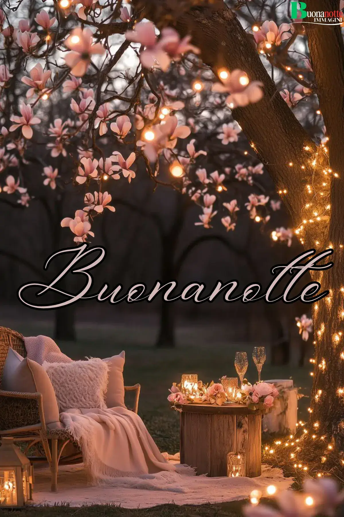 Angolo romantico con magnolia lucine e calici buonanotte estiva