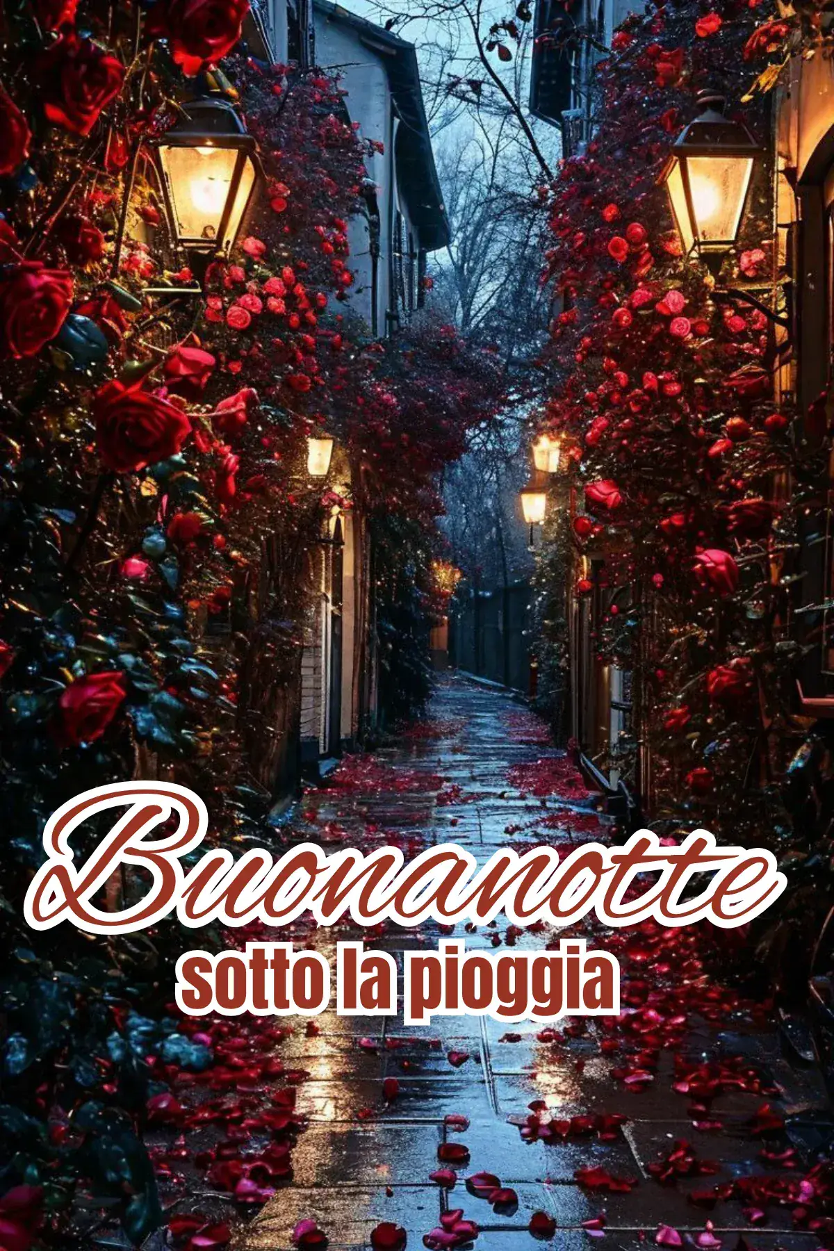 Vicolo con rose rosse e lanterne buonanotte cuore