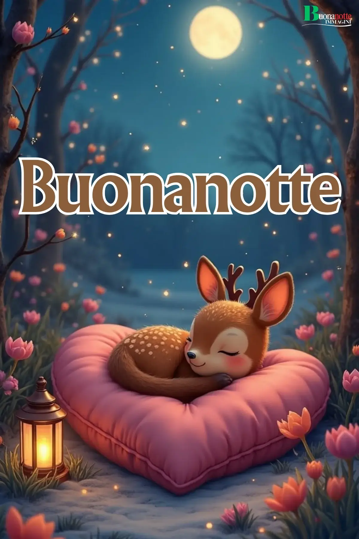 Cerbiatto che dorme su cuscino a cuore rosa sotto la luna buonanotte divertente