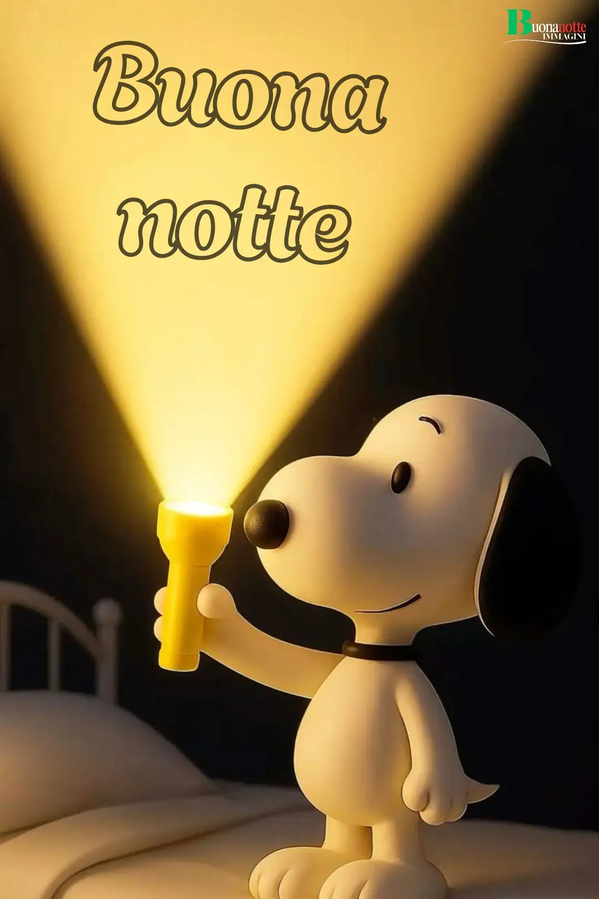 Snoopy con torcia gialla illumina il buio buonanotte divertente