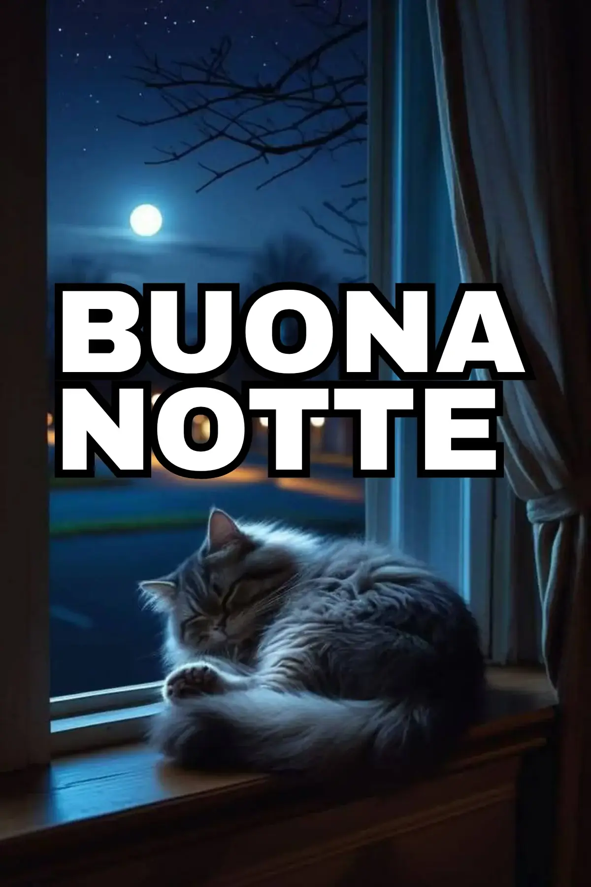 Gatto che dorme sul davanzale con luna piena buonanotte divertente