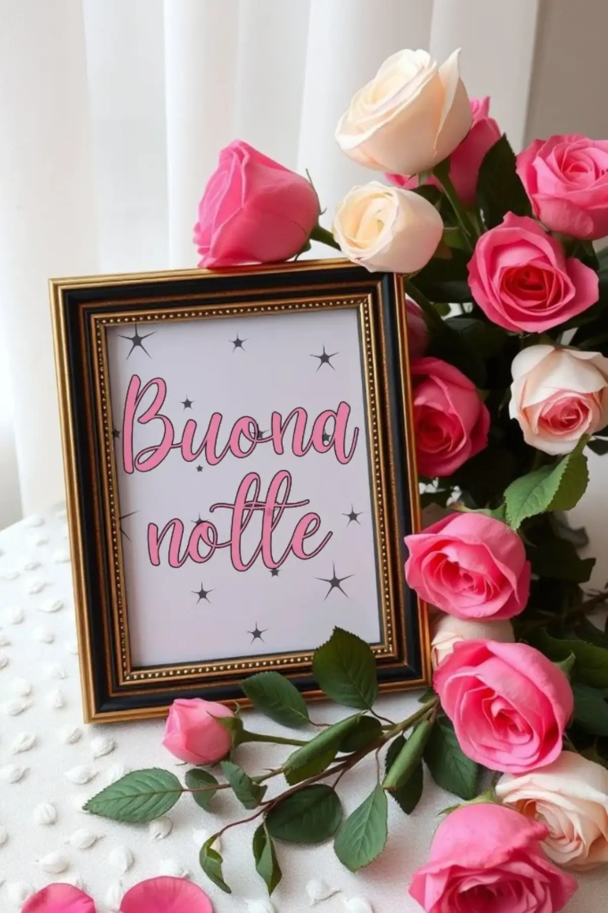 Cornice dorata con scritta buonanotte tra rose rosa immagine romantica