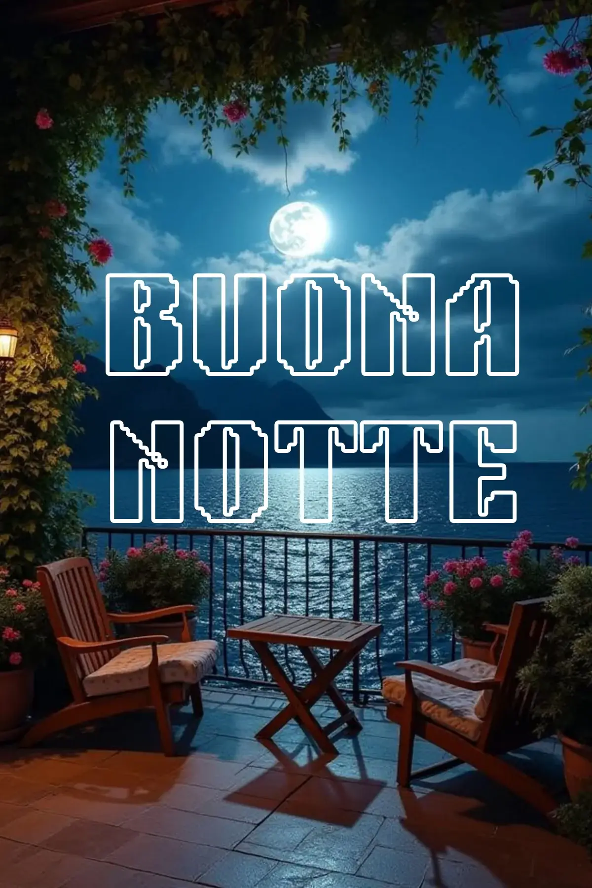 Terrazzo con sedie sul mare sotto la luna piena immagine buonanotte romantica