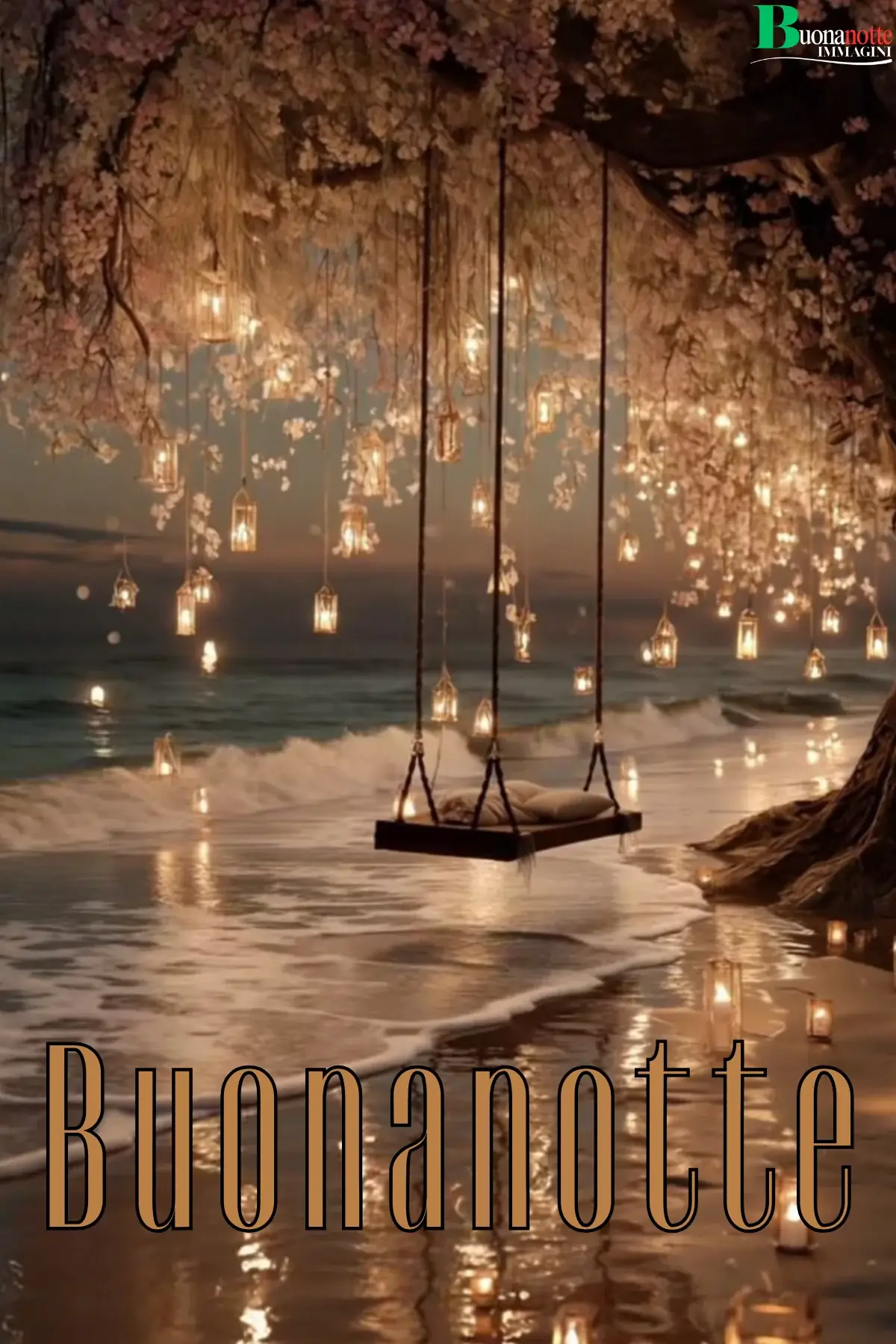 Altalena con lanterne luminose su spiaggia serale buonanotte estiva