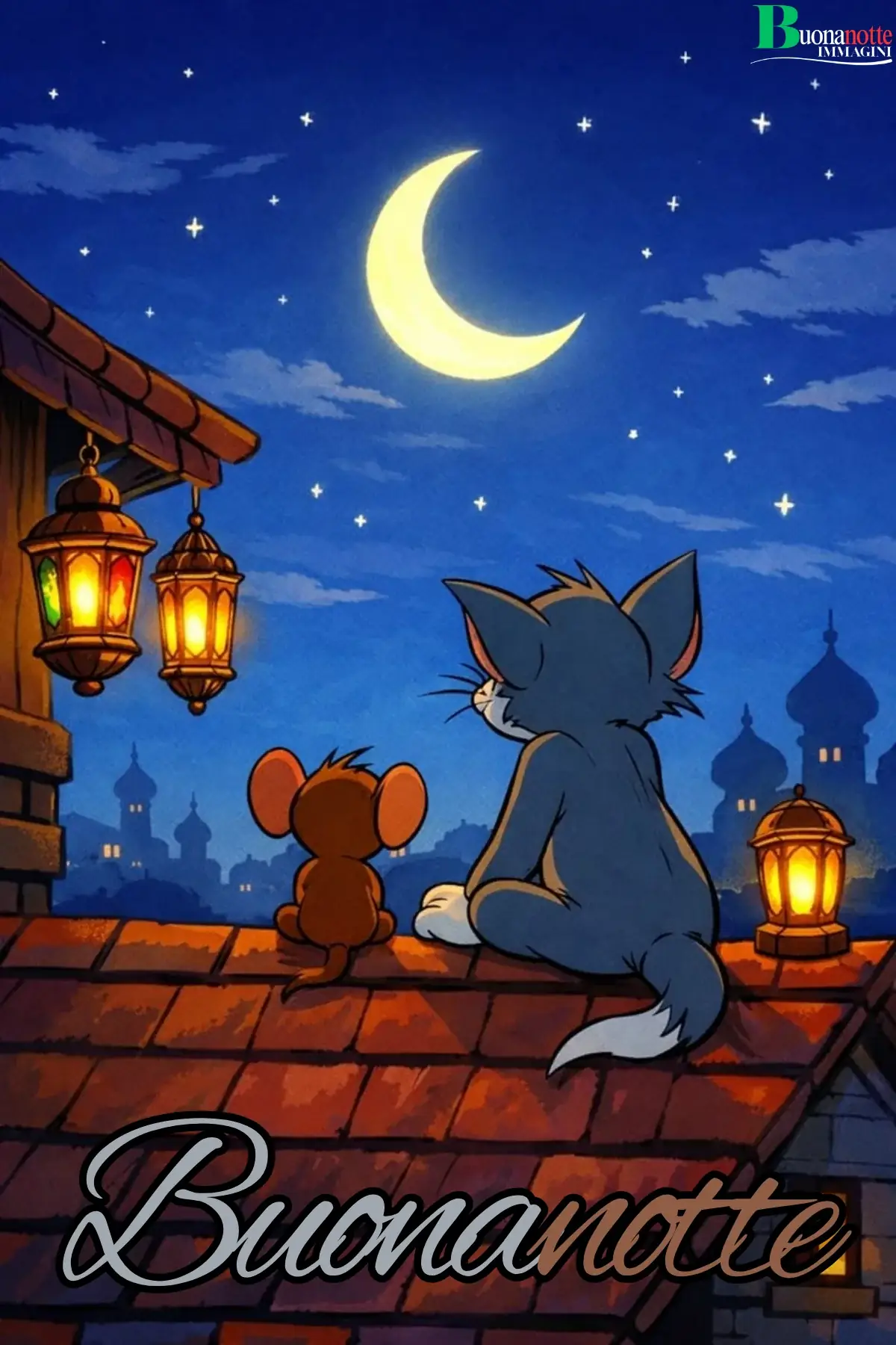 Gatto e topolino sul tetto sotto la luna buonanotte estiva